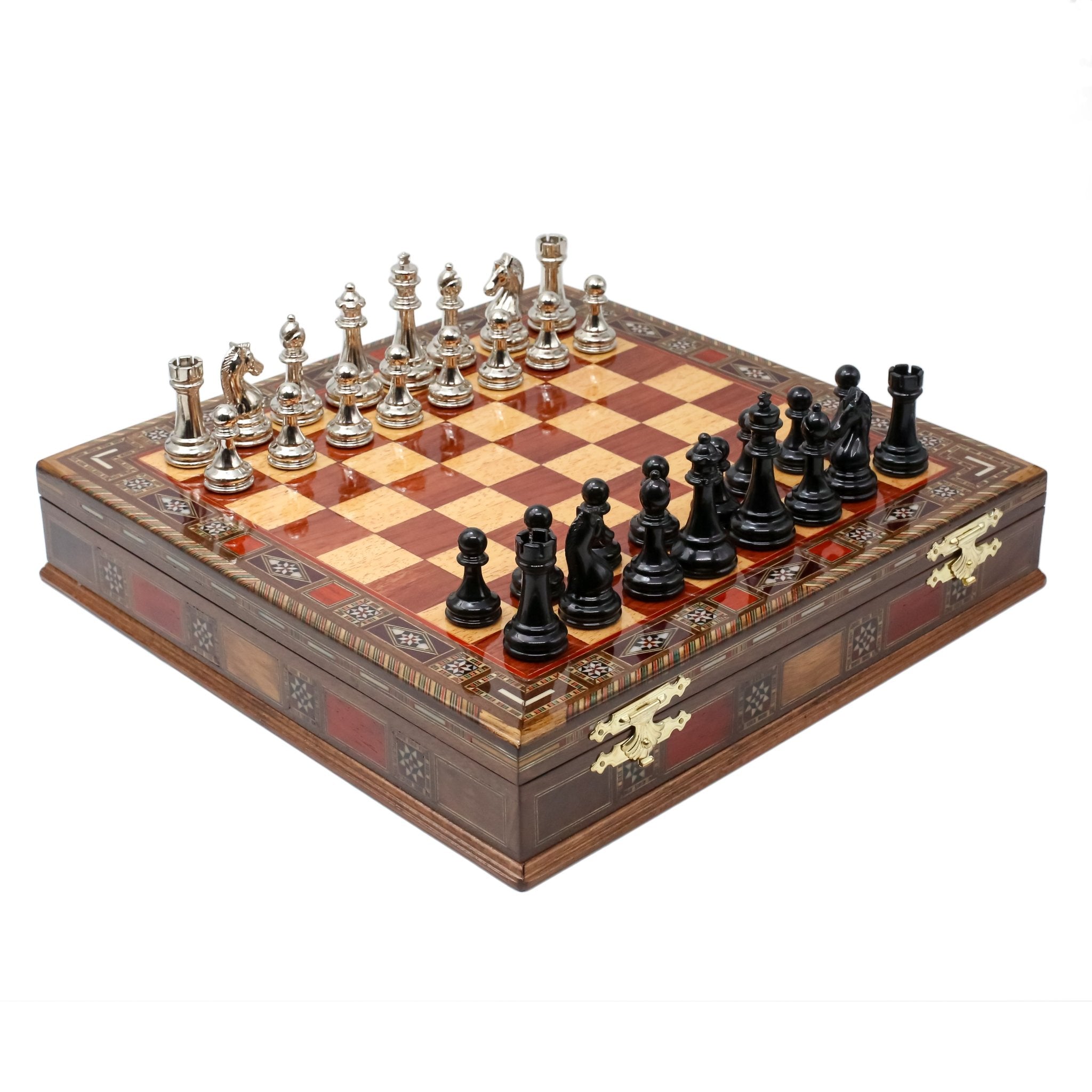 Handmade Inlay Storage Chess Set - Staunton Weighted Classic Figures (Black vs Silver) - Cooper Chess
