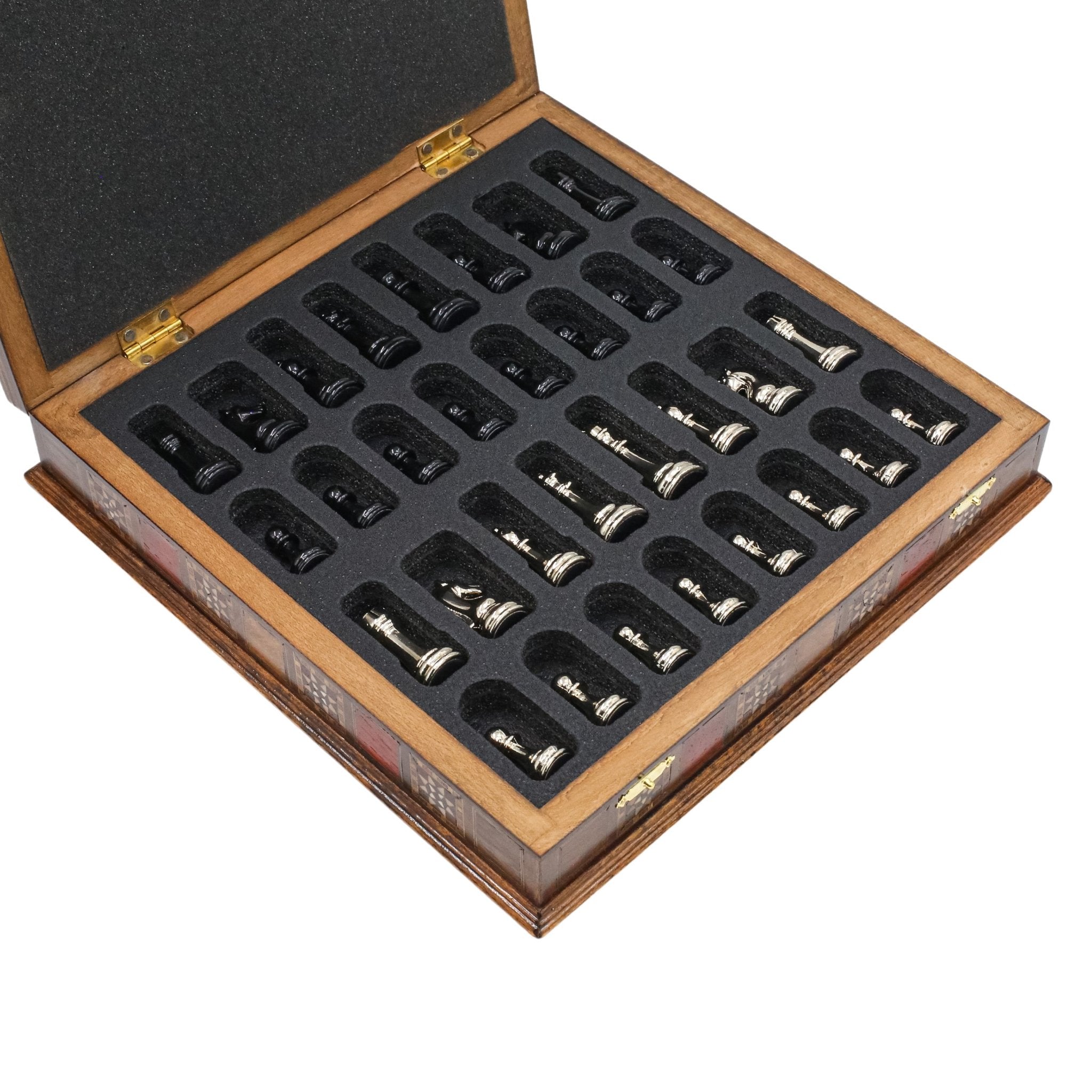 Handmade Inlay Storage Chess Set - Staunton Weighted Classic Figures (Black vs Silver) - Cooper Chess