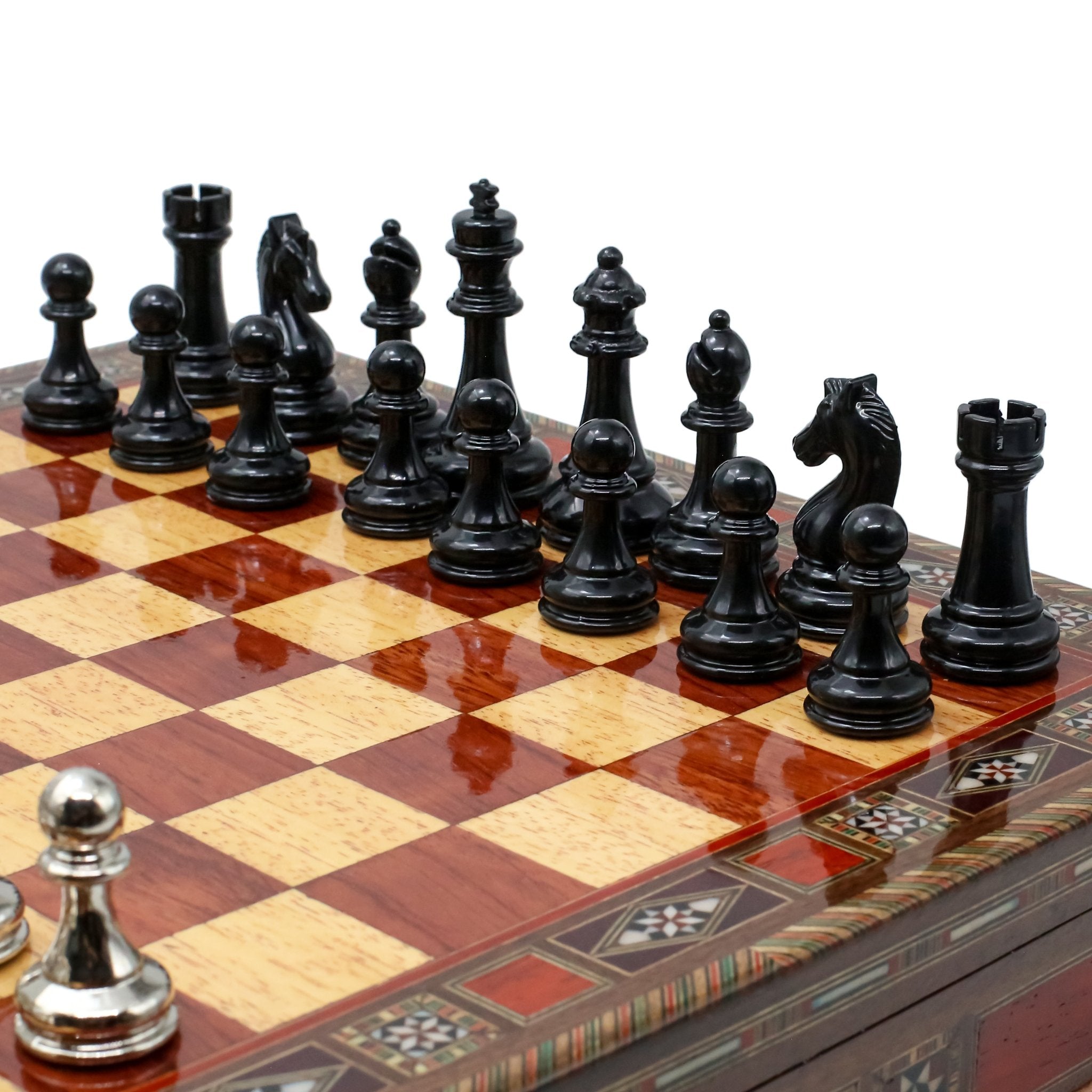 Handmade Inlay Storage Chess Set - Staunton Weighted Classic Figures (Black vs Silver) - Cooper Chess