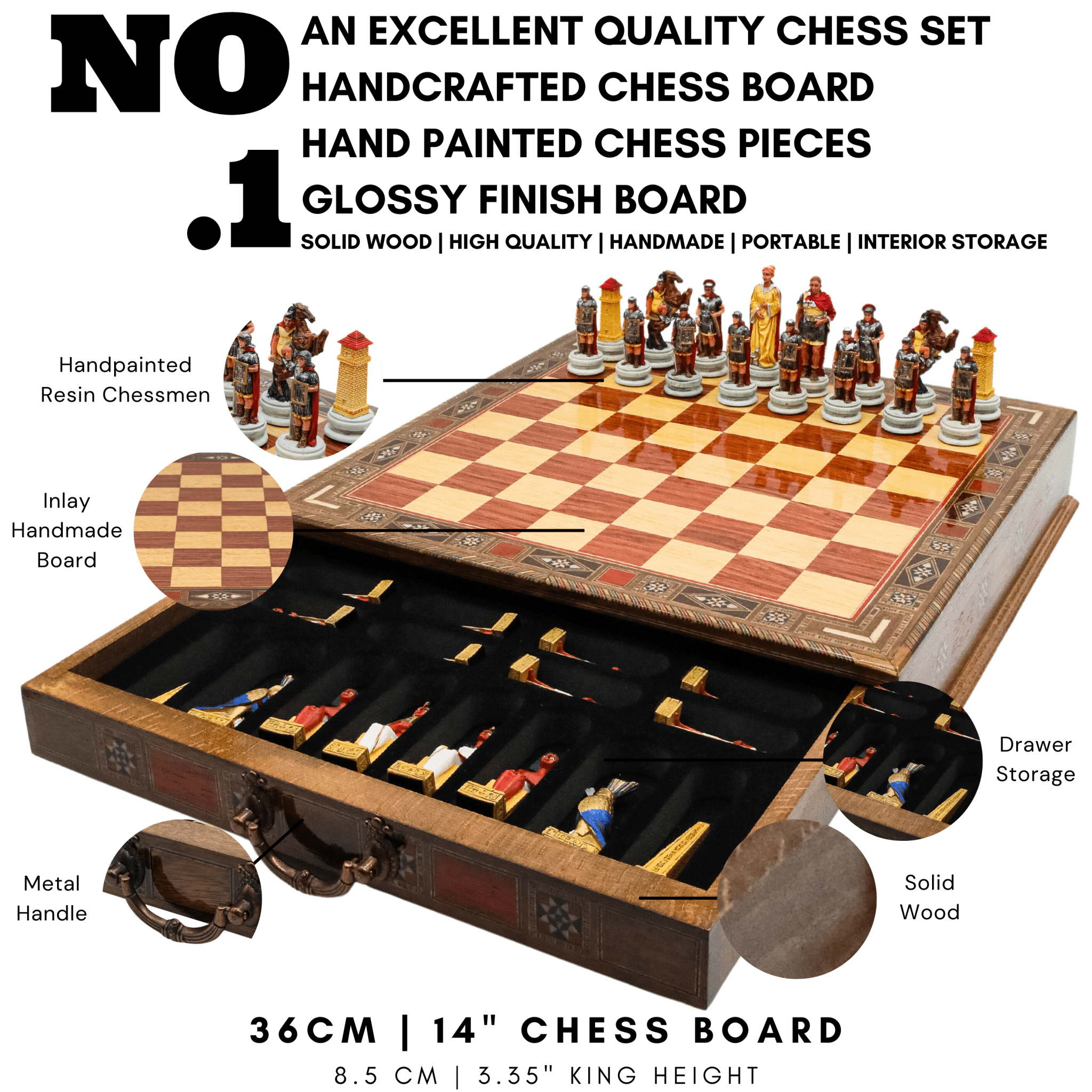 Handmade Inlay Chess Set with Drawer Storage 38 CM (15") - Roman vs Egyptian Pieces - Cooper Chess