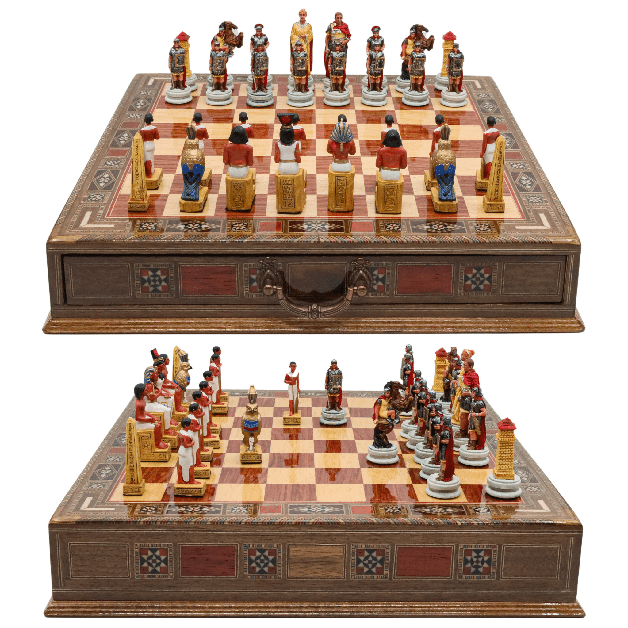 Handmade Inlay Chess Set with Drawer Storage 38 CM (15") - Roman vs Egyptian Pieces - Cooper Chess