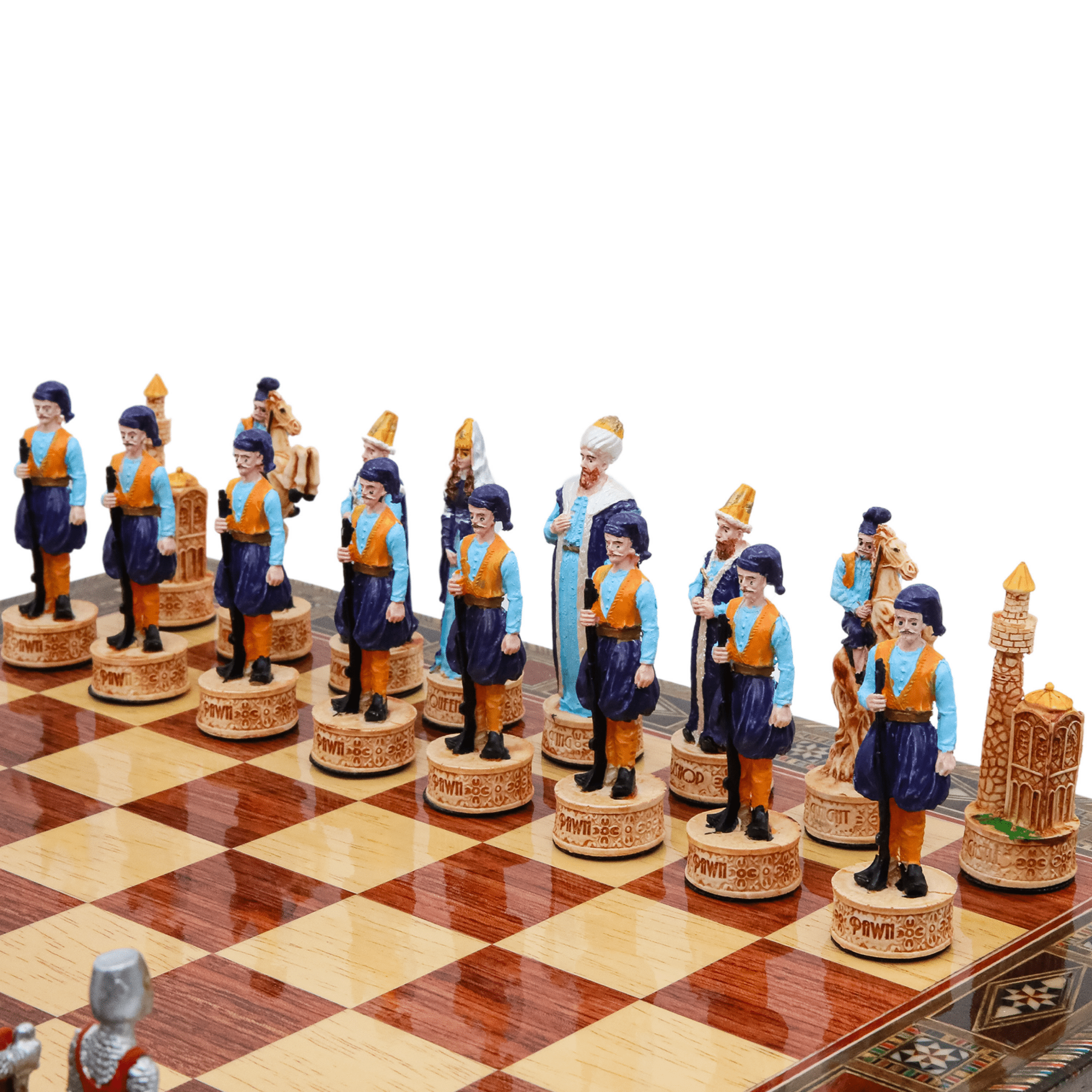 Handmade Inlay Chess Set with Drawer Storage 38 CM (15") - Ottoman vs Black Crusaders Pieces - Cooper Chess