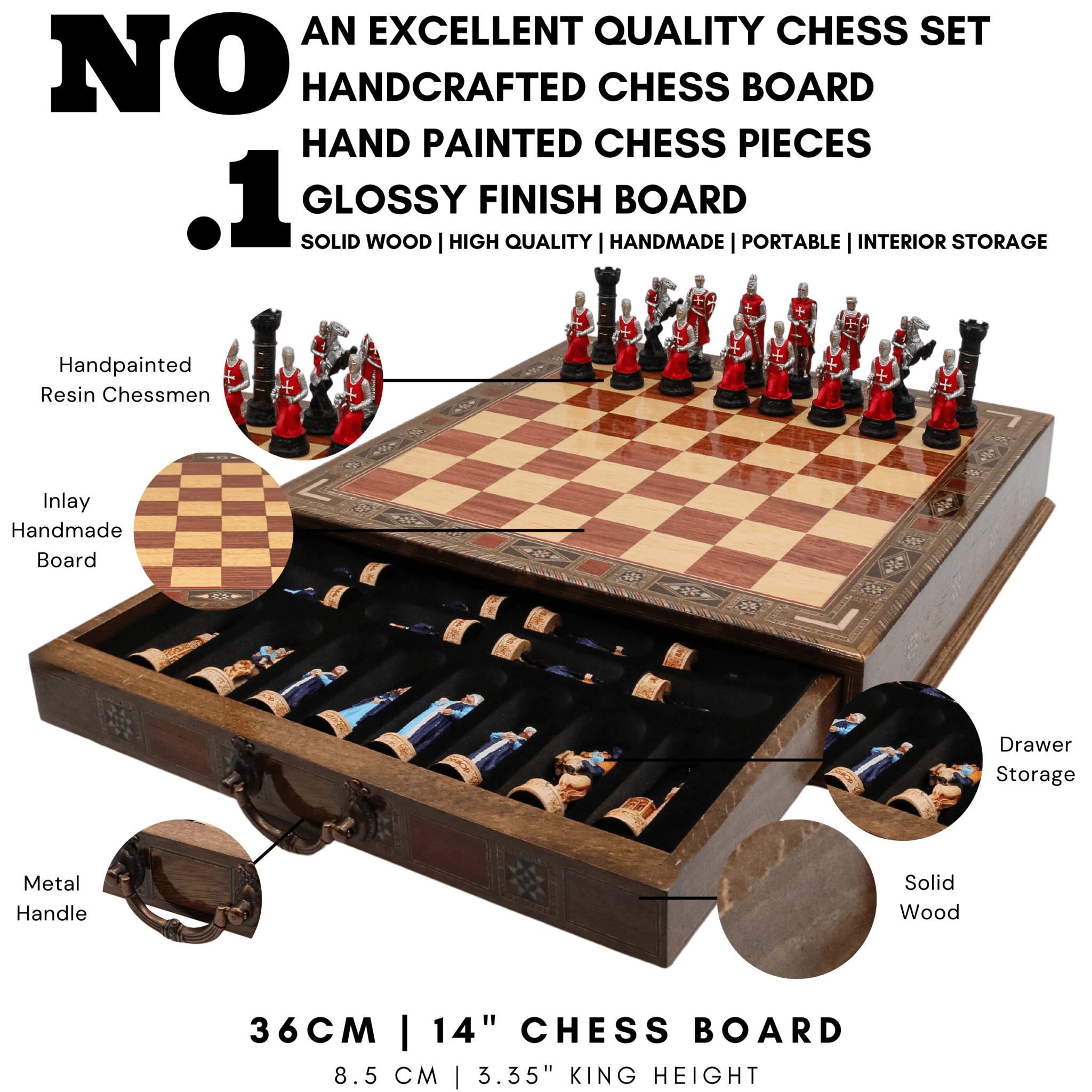 Handmade Inlay Chess Set with Drawer Storage 38 CM (15") - Ottoman vs Black Crusaders Pieces - Cooper Chess