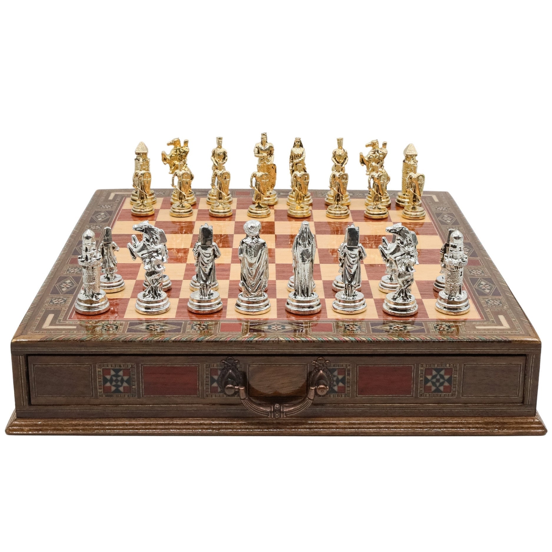 Handmade Inlay Chess Set with Drawer Storage 38 CM (15") - Die Cast Metal Pieces | Ottoman Empire vs Crusaders - Cooper Chess