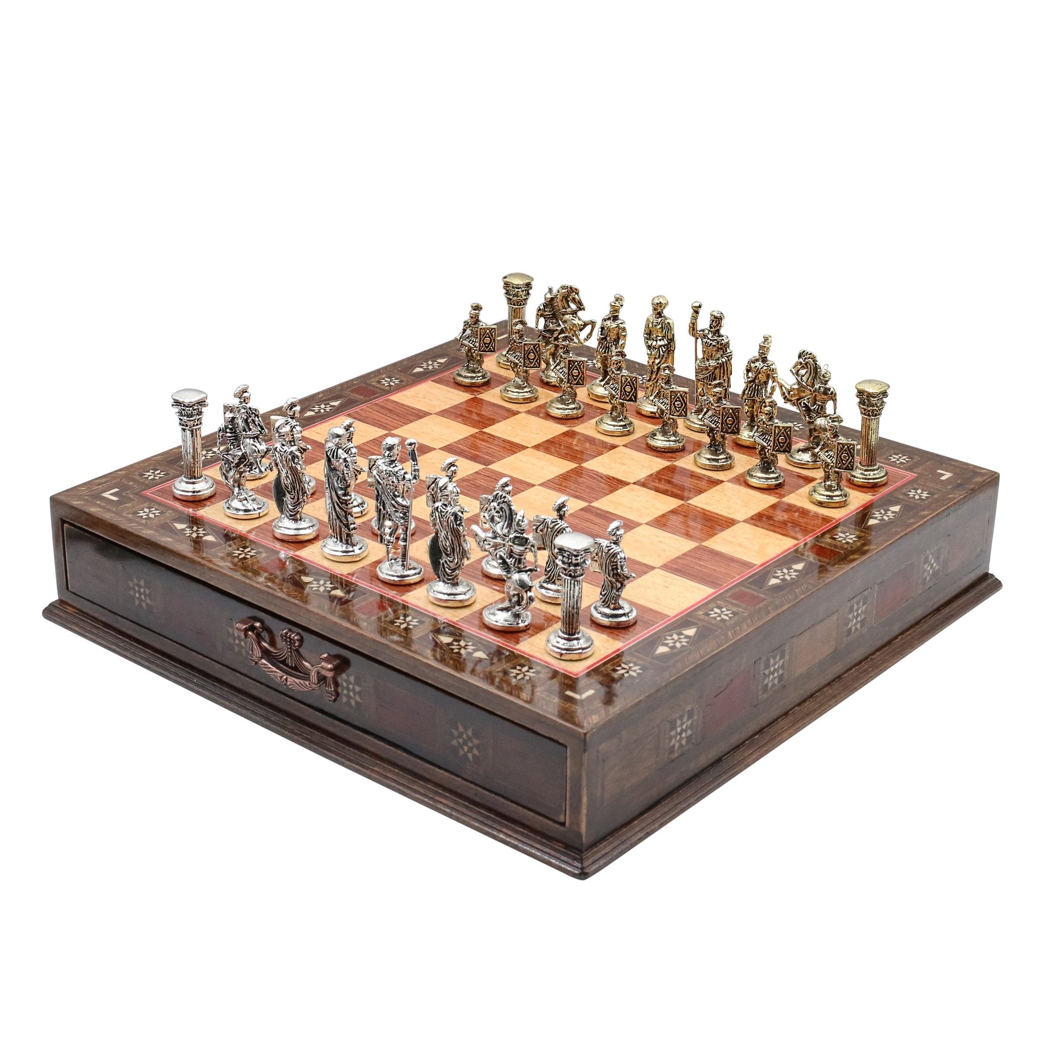 Handmade Inlay Chess Set with Drawer Storage 38 CM (15") - Die Cast Metal Pieces | Roman Empire - Cooper Chess