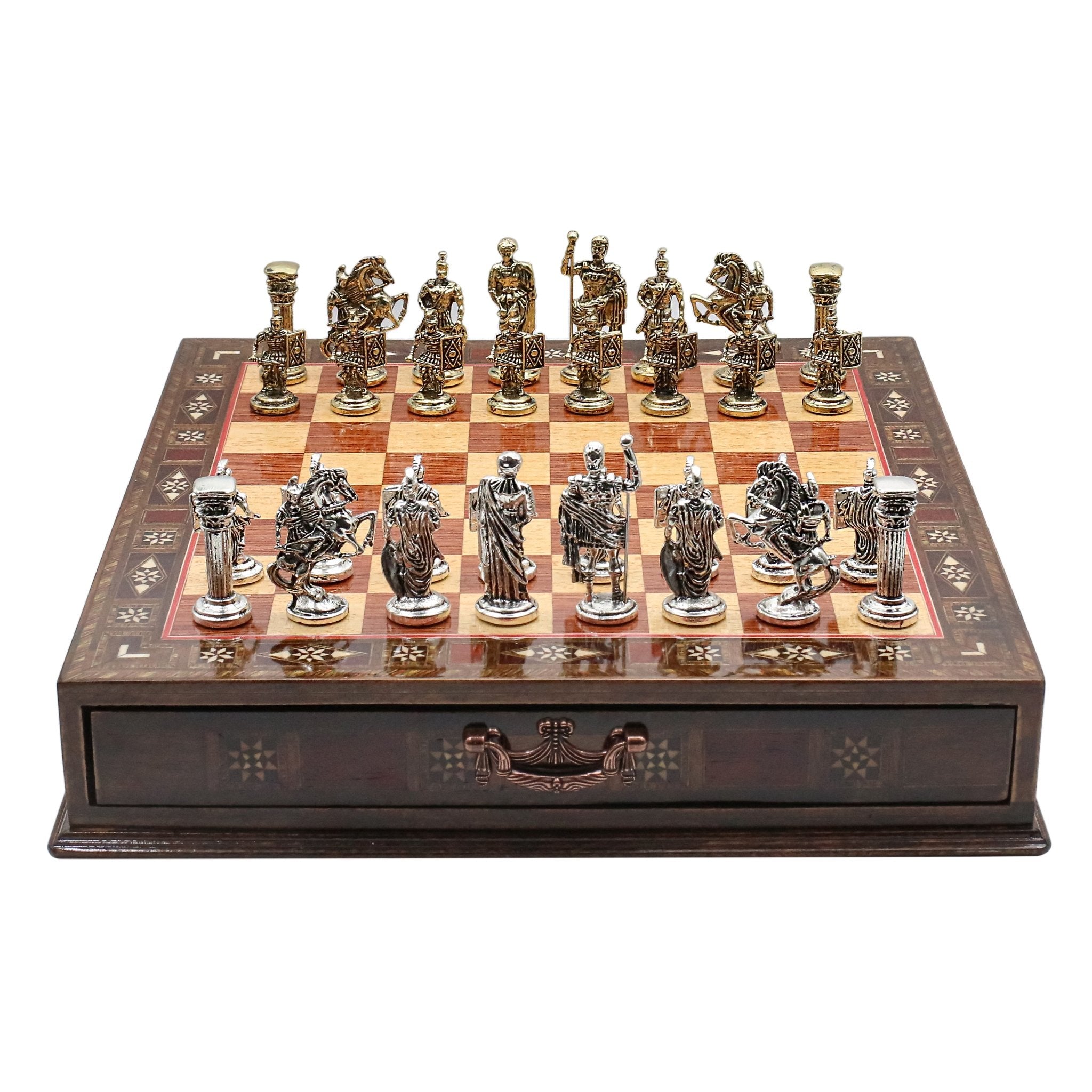 Handmade Inlay Chess Set with Drawer Storage 38 CM (15") - Die Cast Metal Pieces | Roman Empire - Cooper Chess