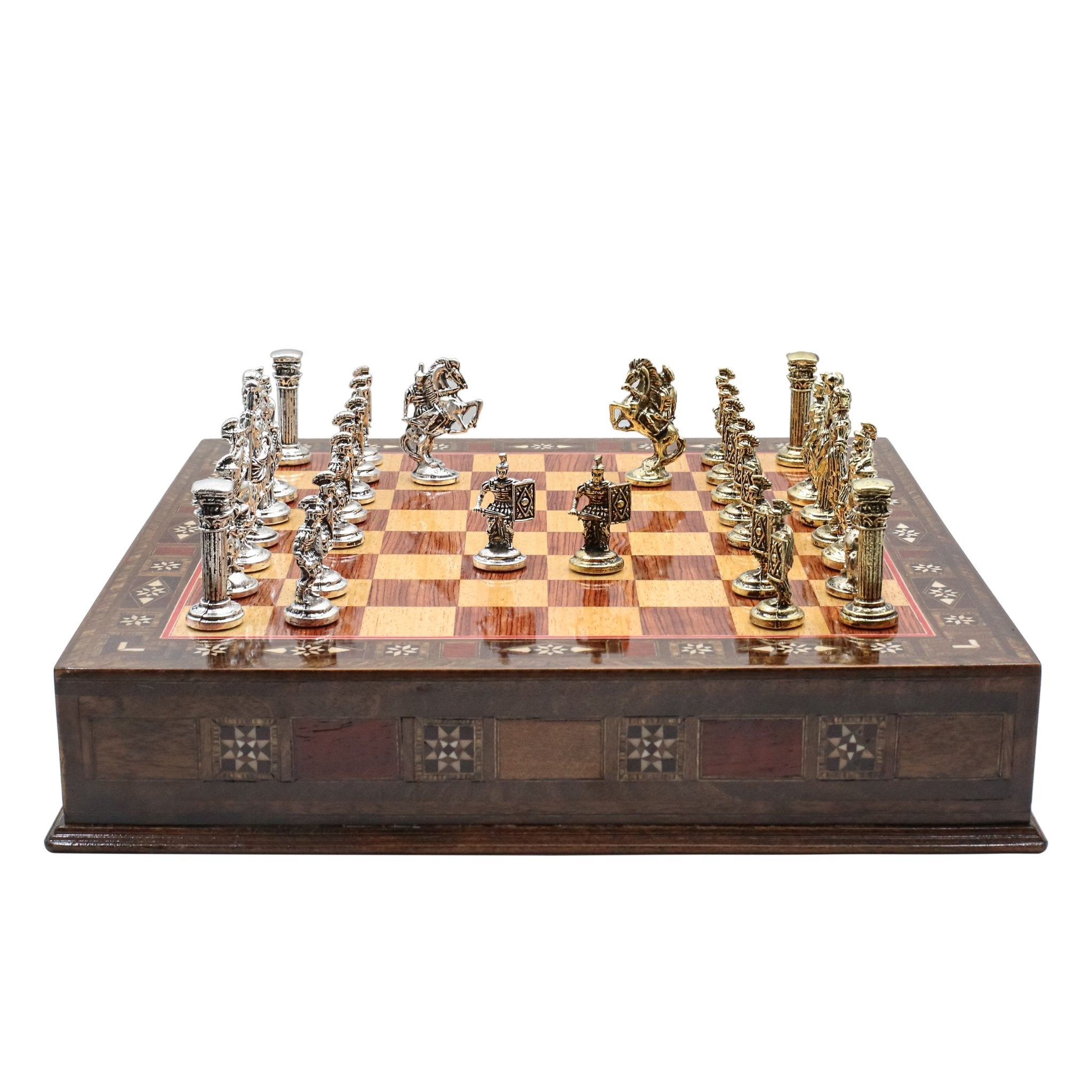 Handmade Inlay Chess Set with Drawer Storage 38 CM (15") - Die Cast Metal Pieces | Roman Empire - Cooper Chess