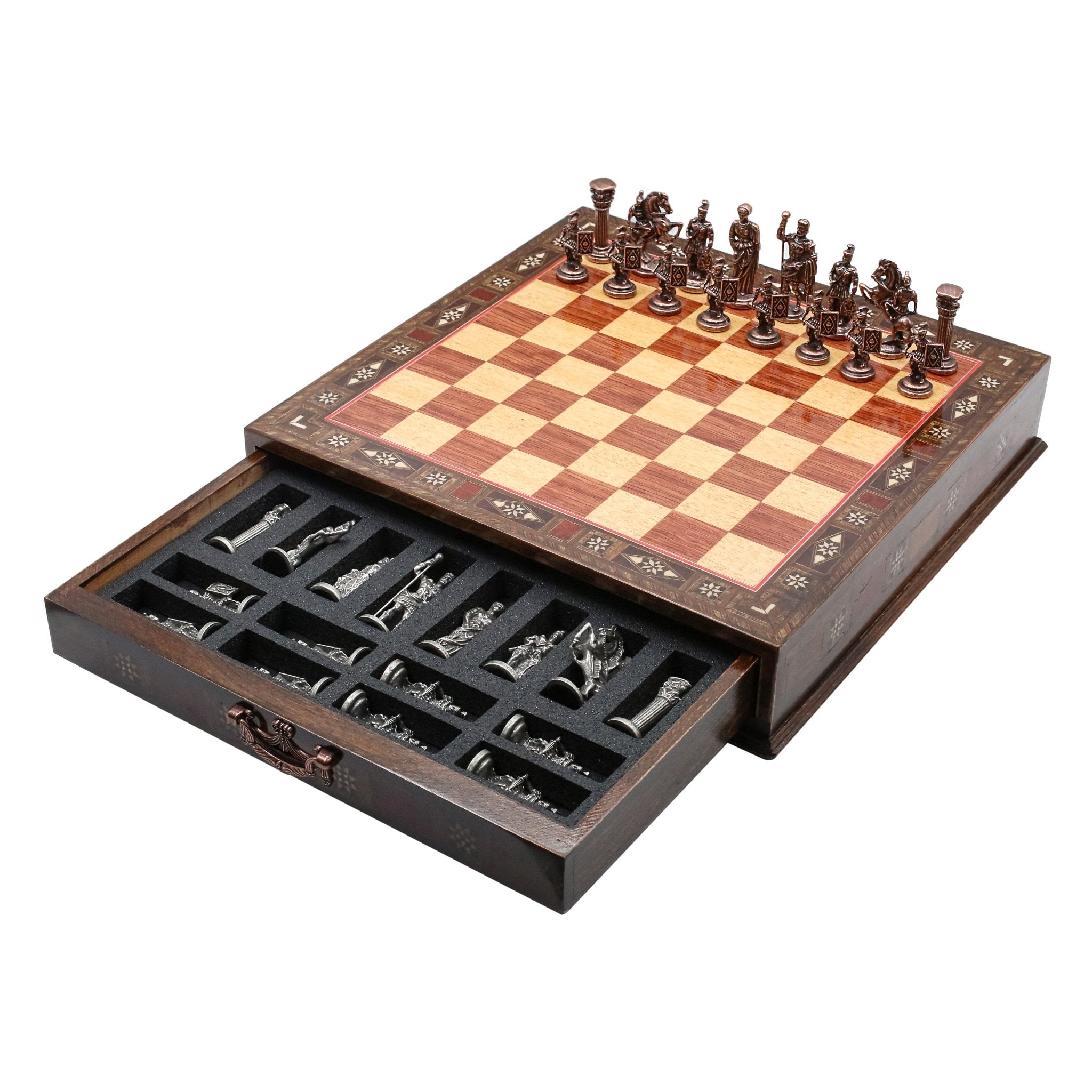 Handmade Inlay Chess Set with Drawer Storage 38 CM (15") - Die Cast Metal Pieces | Vintage Roman Empire - Cooper Chess