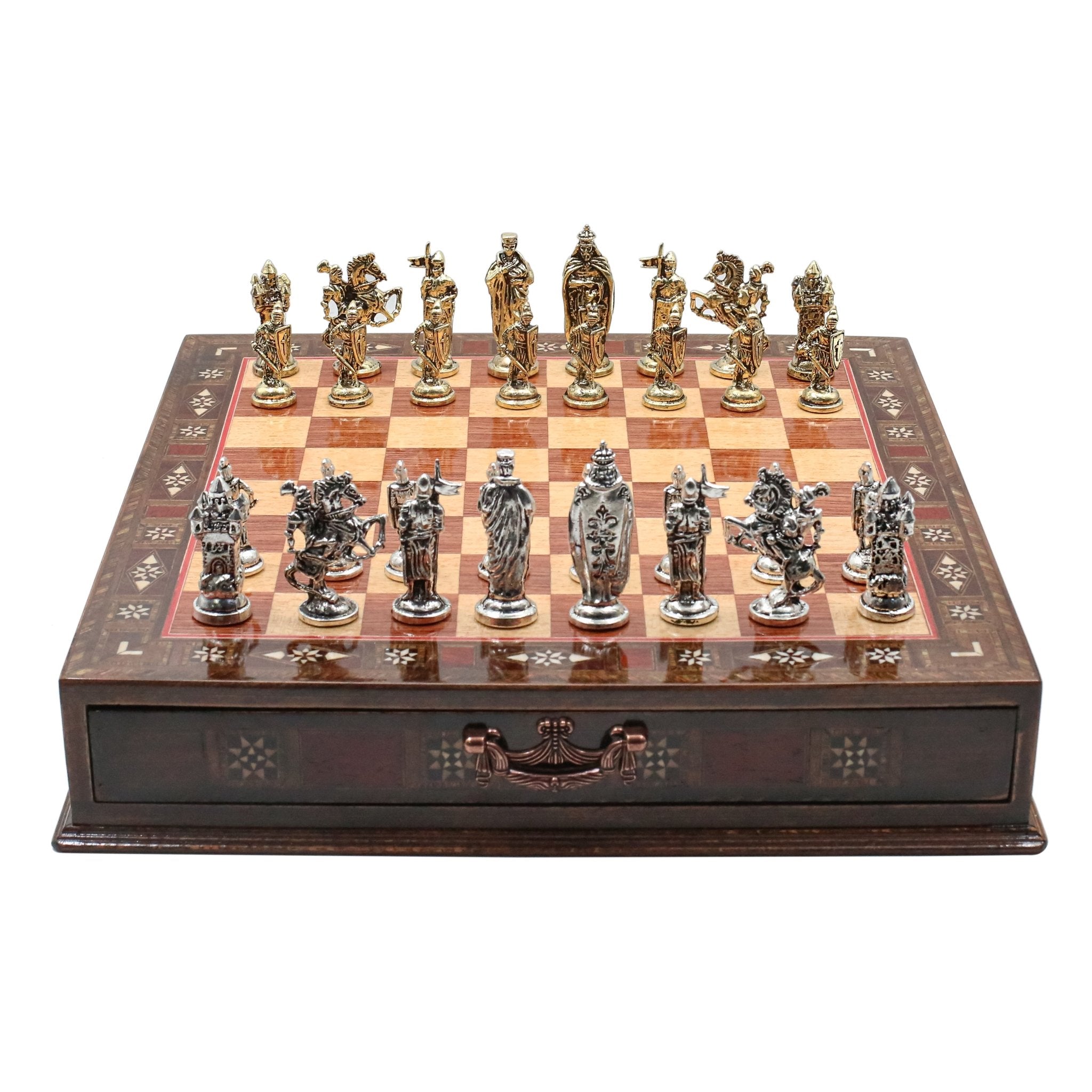 Handmade Inlay Chess Set with Drawer Storage 38 CM (15") - Die Cast Metal Pieces | Medieval British - Cooper Chess