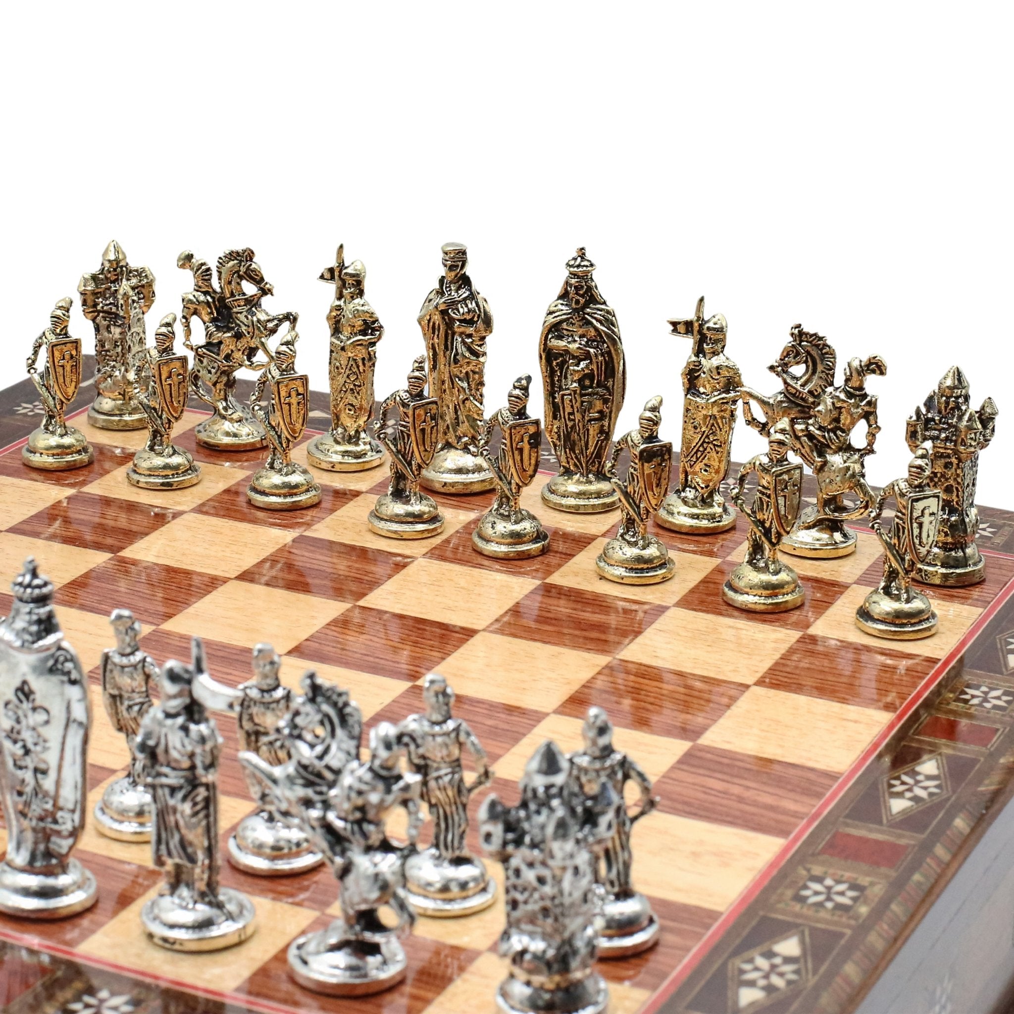 Handmade Inlay Chess Set with Drawer Storage 38 CM (15") - Die Cast Metal Pieces | Medieval British - Cooper Chess