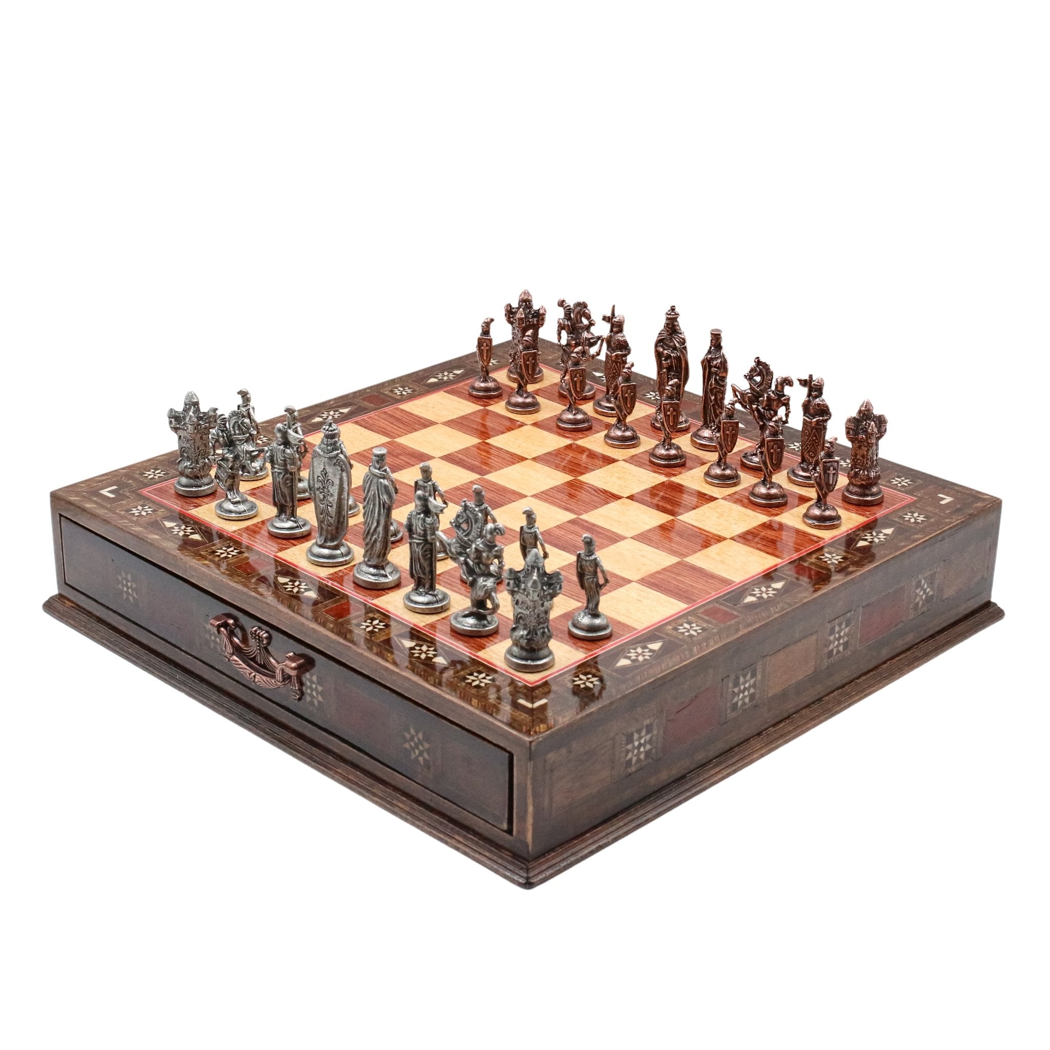Handmade Inlay Chess Set with Drawer Storage 38 CM (15") - Die Cast Metal Pieces | Vintage Medieval British - Cooper Chess