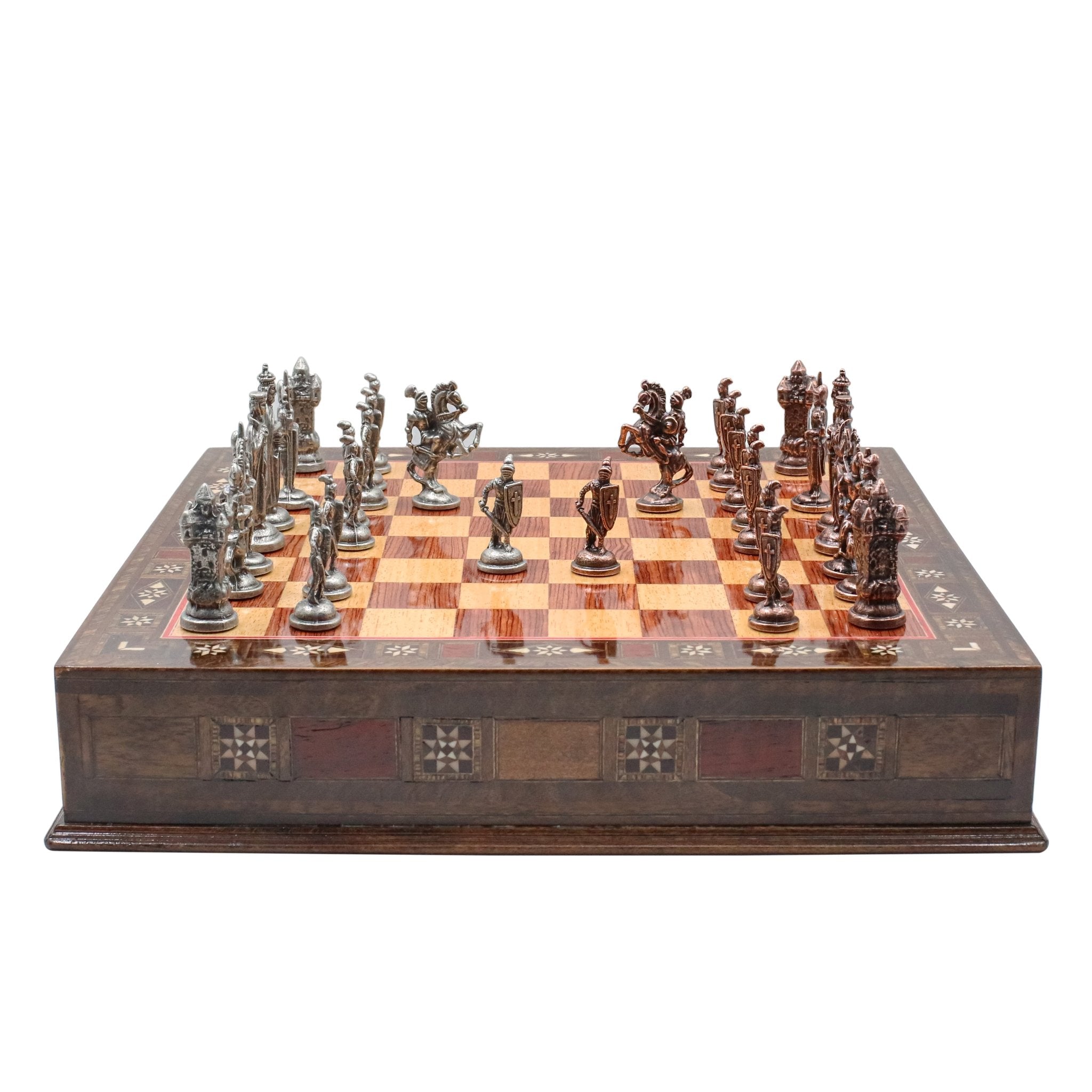 Handmade Inlay Chess Set with Drawer Storage 38 CM (15") - Die Cast Metal Pieces | Vintage Medieval British - Cooper Chess