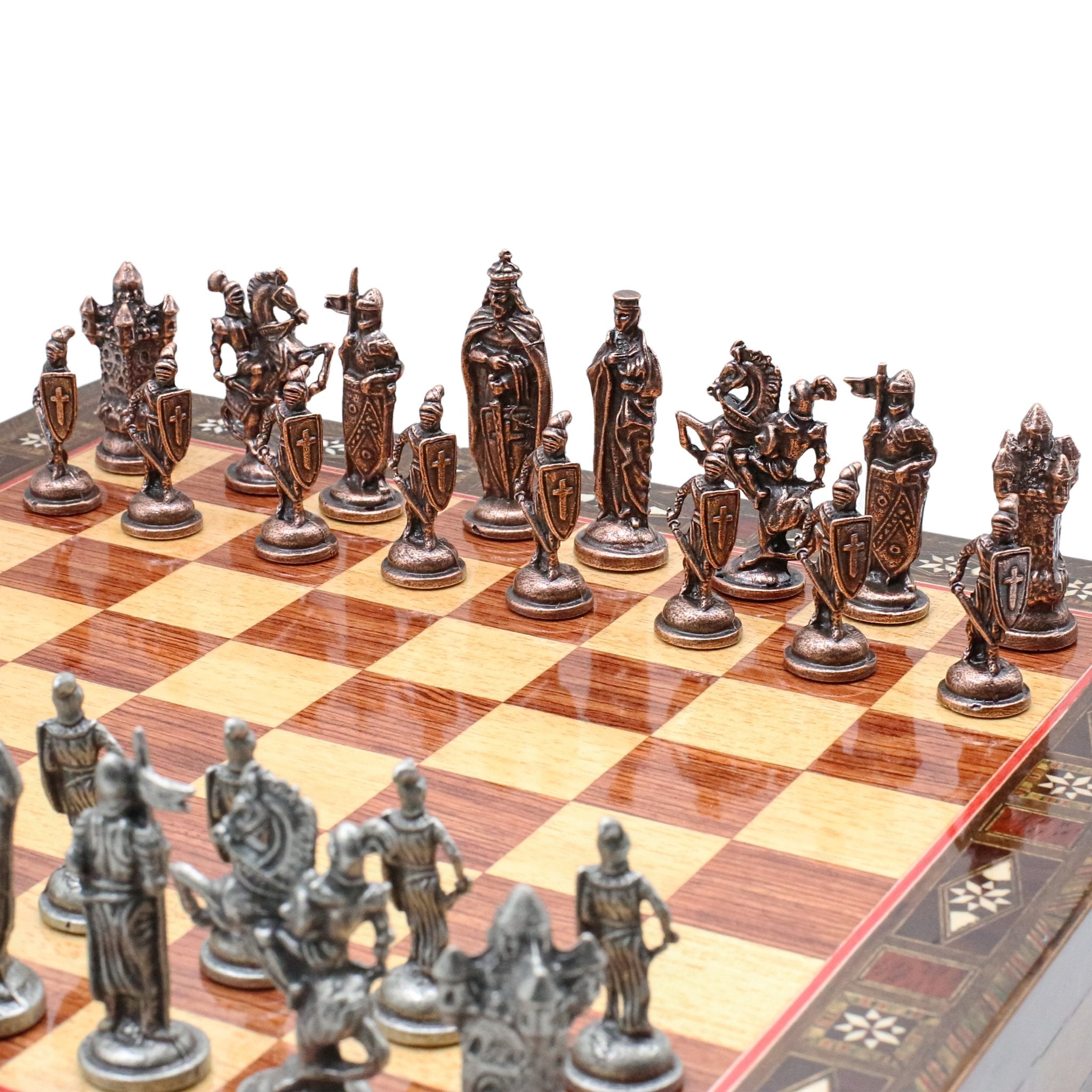 Handmade Inlay Chess Set with Drawer Storage 38 CM (15") - Die Cast Metal Pieces | Vintage Medieval British - Cooper Chess