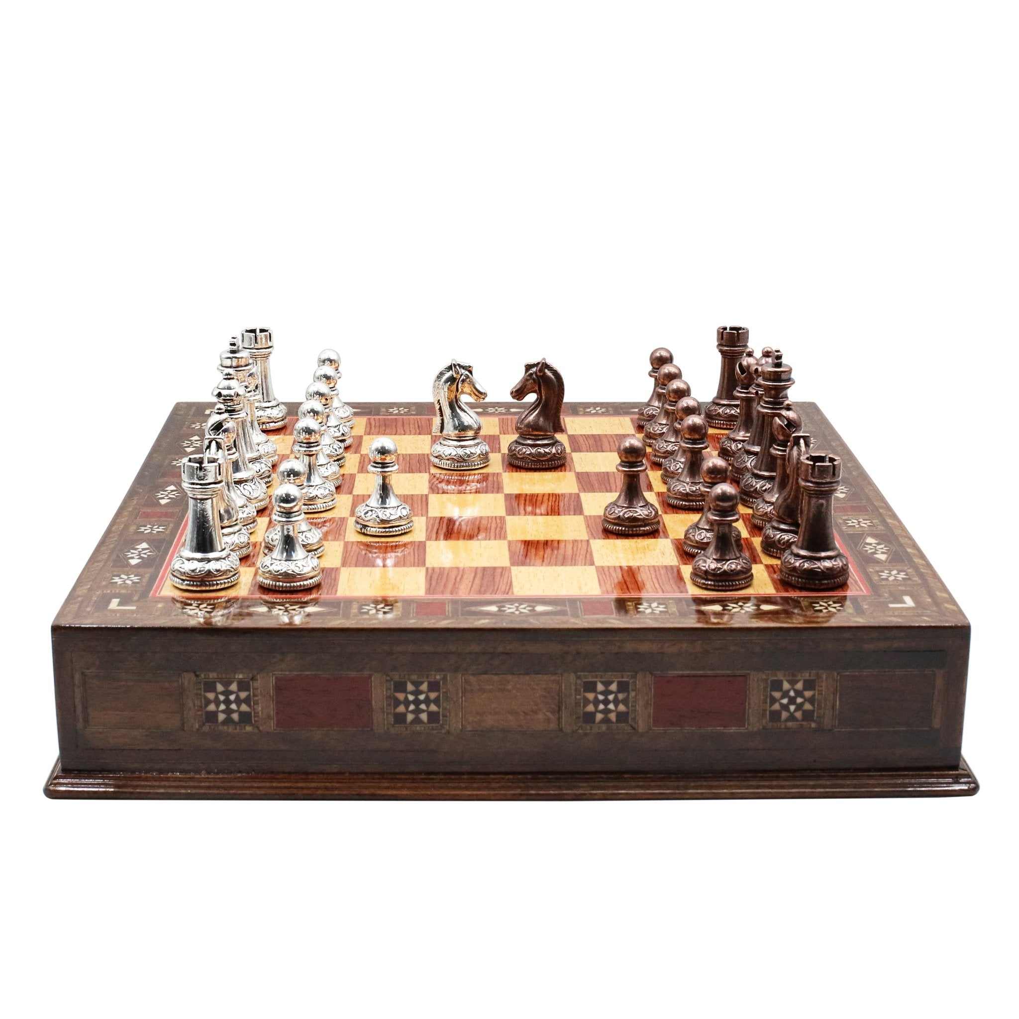 Classic Baroque Metal Chess Set With Solid Wood Storage Board w/ In - Built Drawer - Cooper Chess