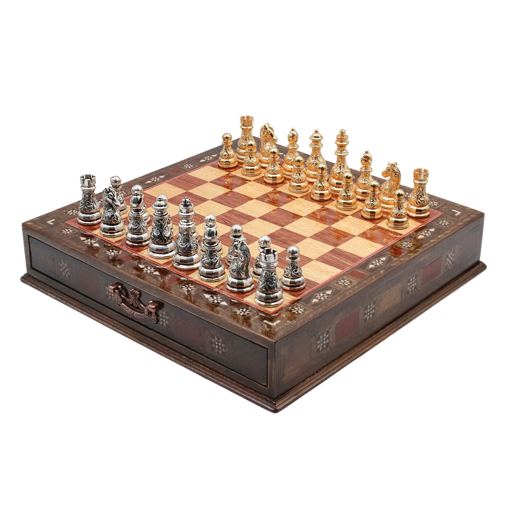 Crystal Baroque Gold Metal Chess Set With Solid Wood Storage Board w/ In - Built Drawer - Cooper Chess