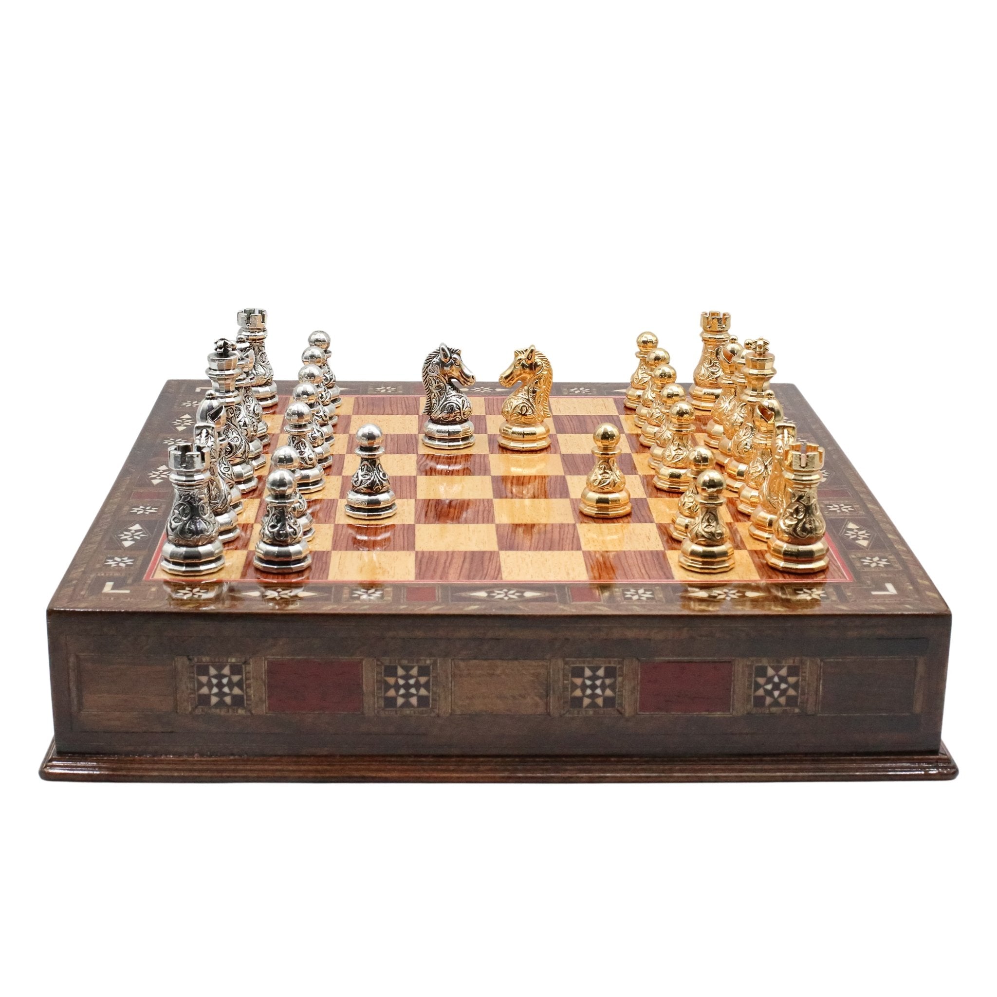 Crystal Baroque Gold Metal Chess Set With Solid Wood Storage Board w/ In - Built Drawer - Cooper Chess