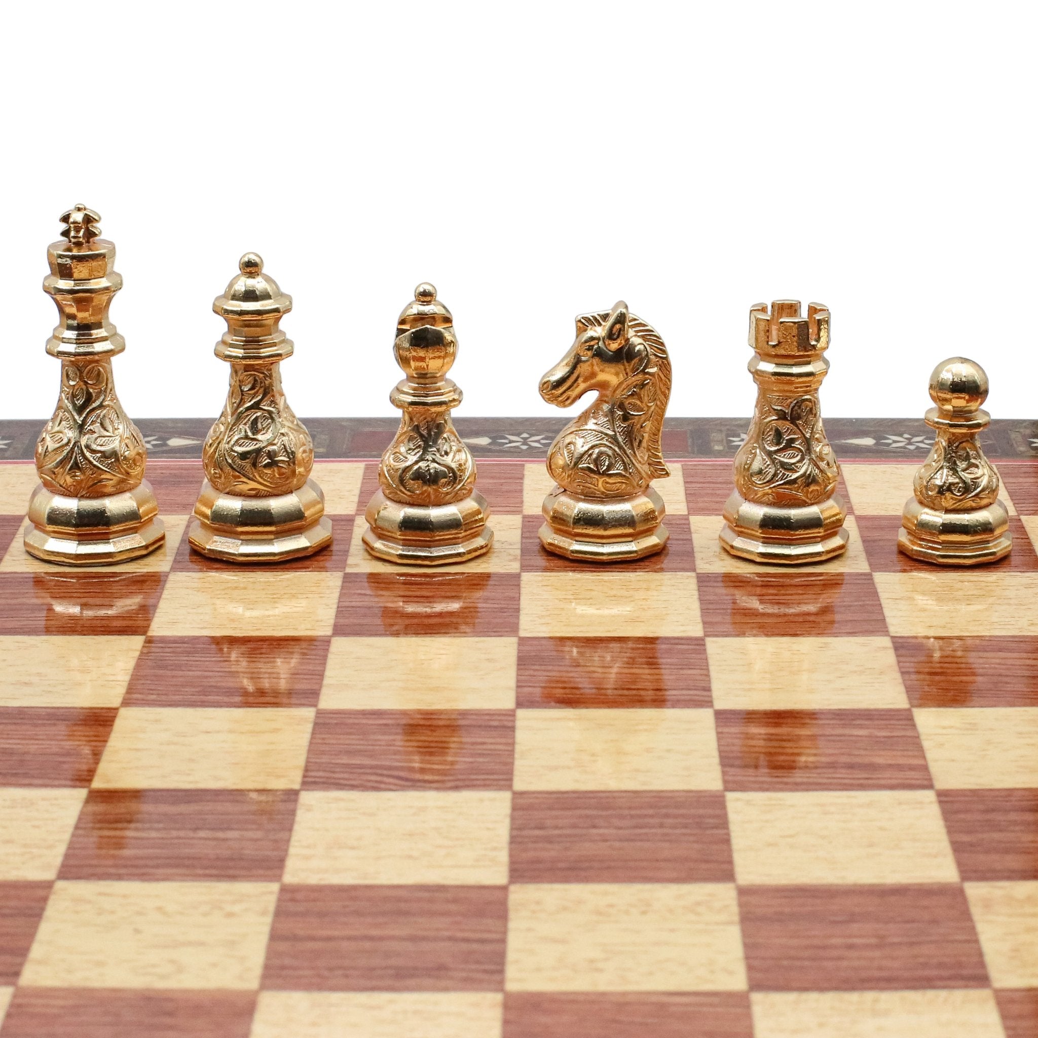 Crystal Baroque Gold Metal Chess Set With Solid Wood Storage Board w/ In - Built Drawer - Cooper Chess
