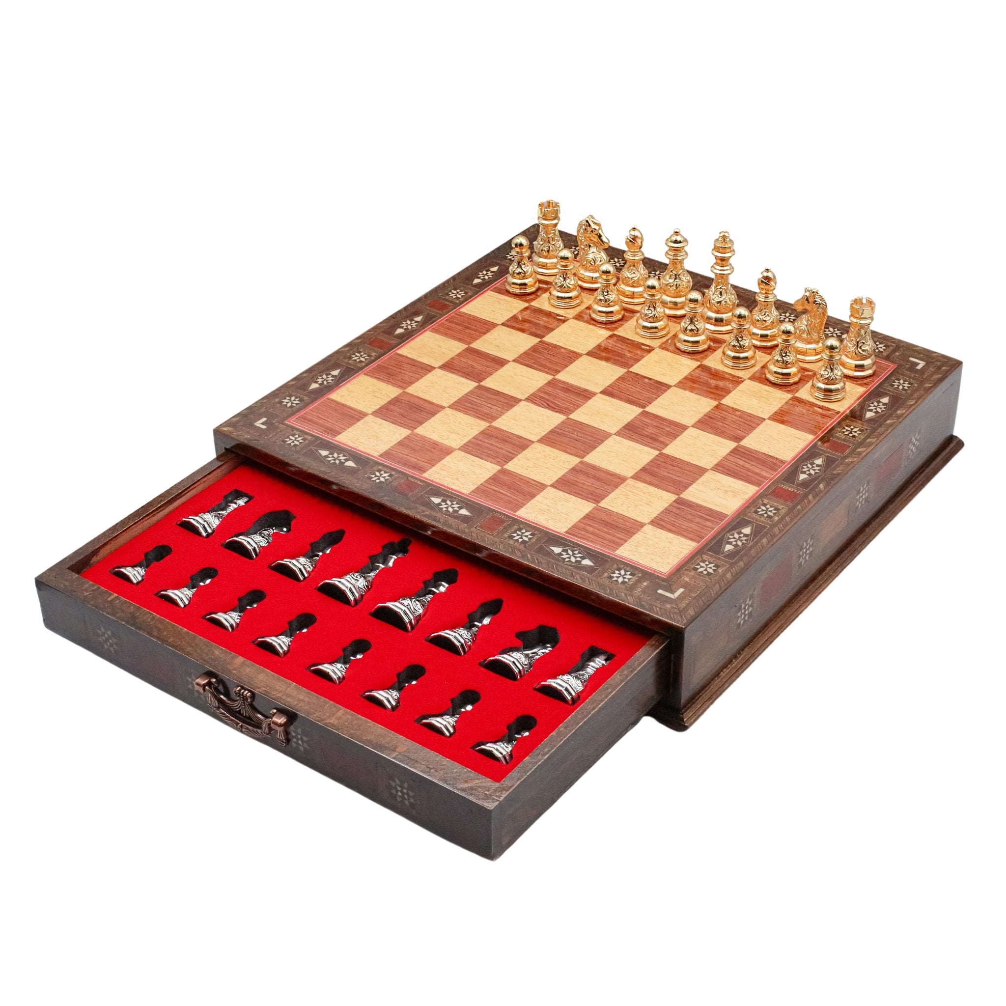 Crystal Baroque Gold Metal Chess Set With Solid Wood Storage Board w/ In - Built Drawer - Cooper Chess