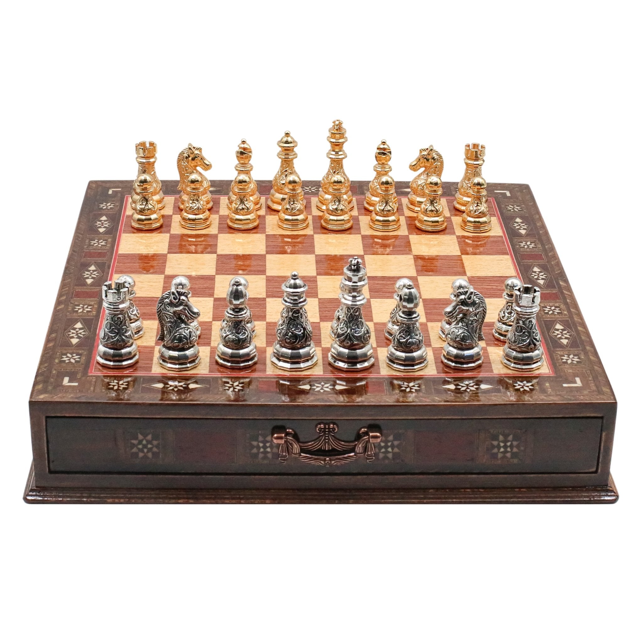 Crystal Baroque Gold Metal Chess Set With Solid Wood Storage Board w/ In - Built Drawer - Cooper Chess