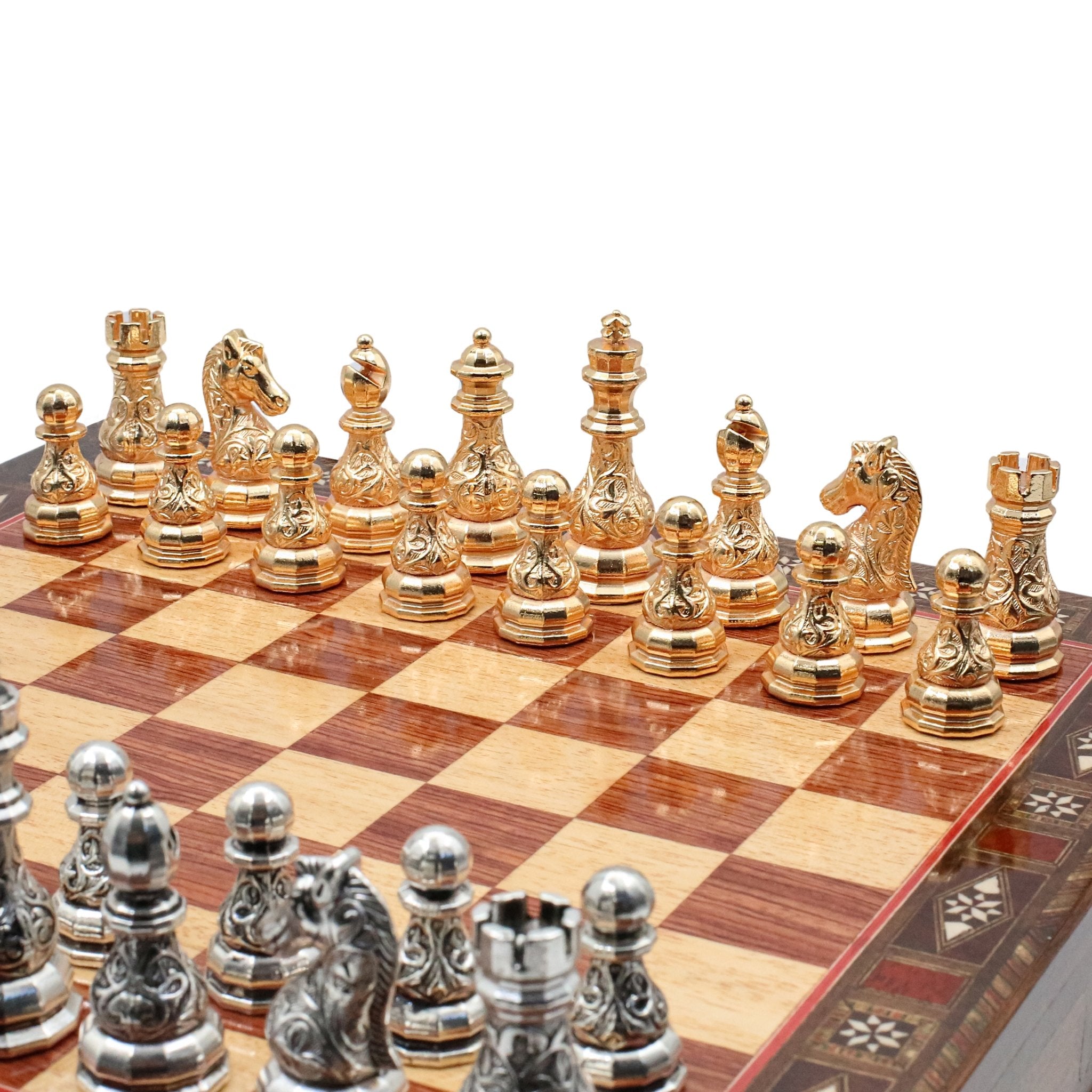 Crystal Baroque Gold Metal Chess Set With Solid Wood Storage Board w/ In - Built Drawer - Cooper Chess