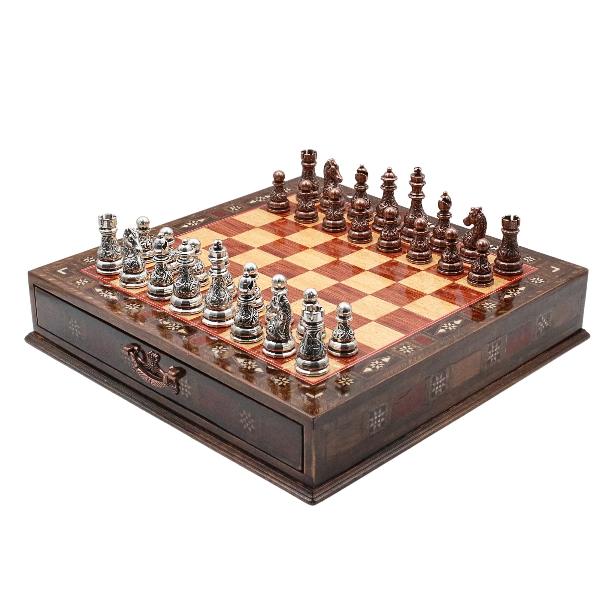 Crystal Baroque Bronze Metal Chess Set With Solid Wood Storage Board w/ In - Built Drawer - Cooper Chess