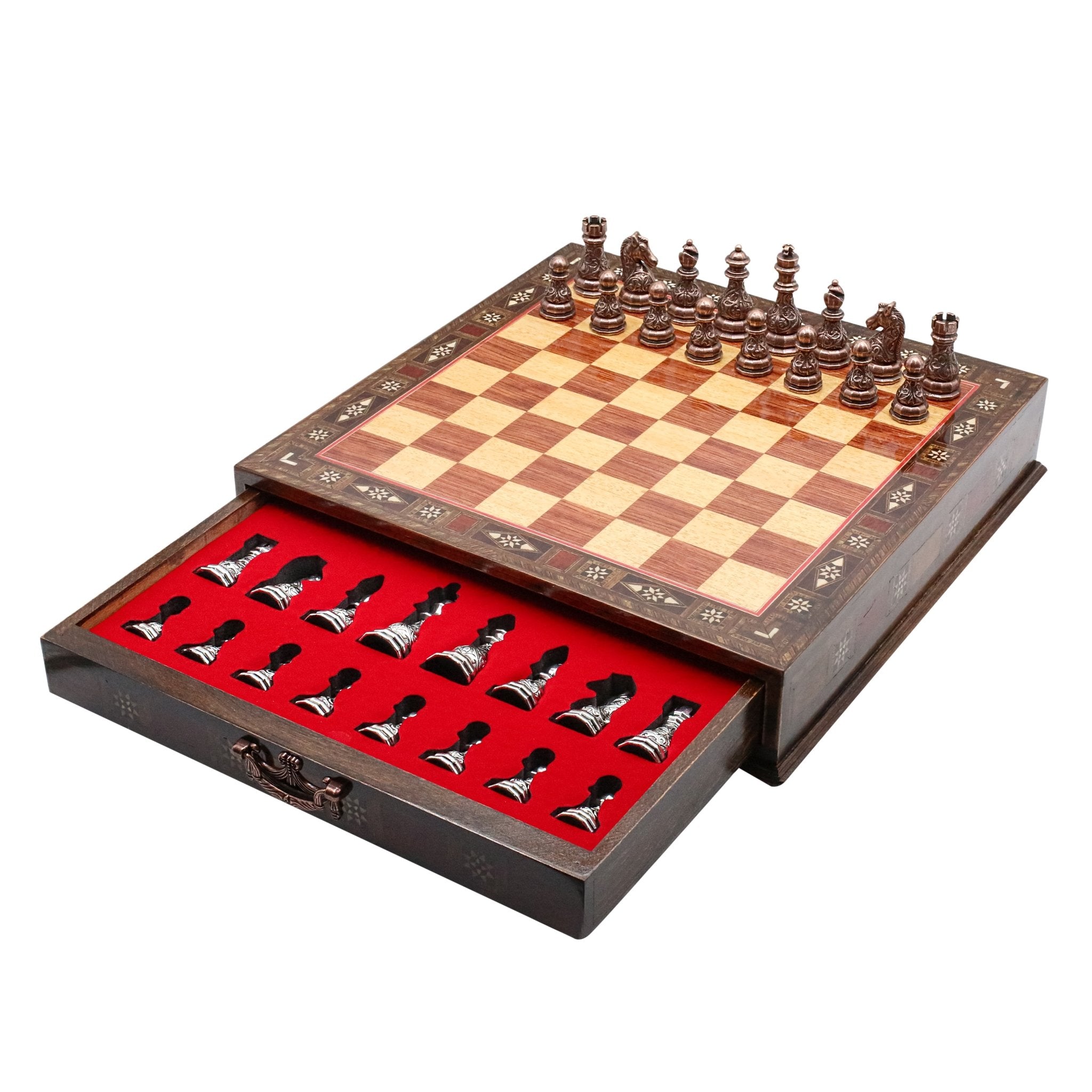 Crystal Baroque Bronze Metal Chess Set With Solid Wood Storage Board w/ In - Built Drawer - Cooper Chess
