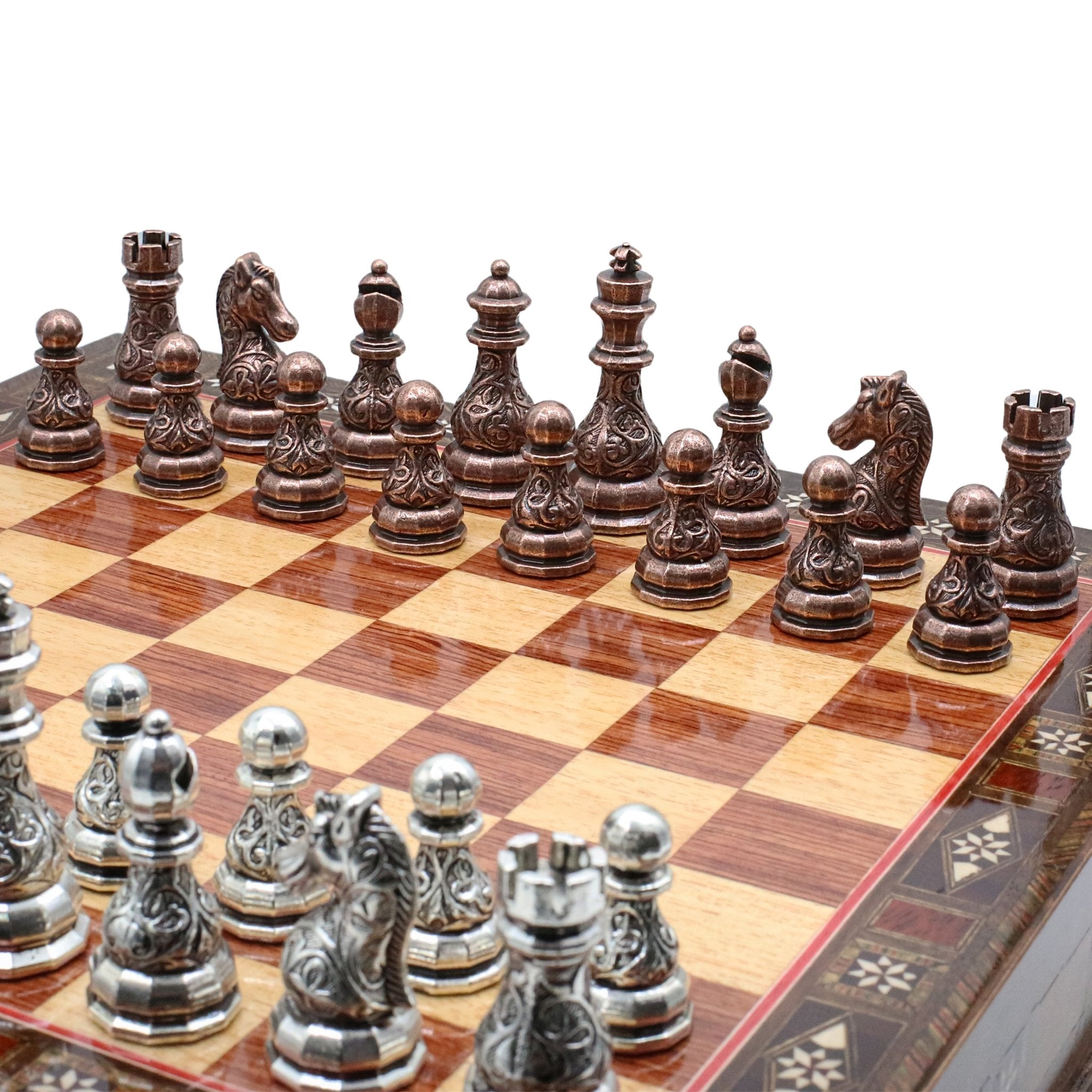 Crystal Baroque Bronze Metal Chess Set With Solid Wood Storage Board w/ In - Built Drawer - Cooper Chess