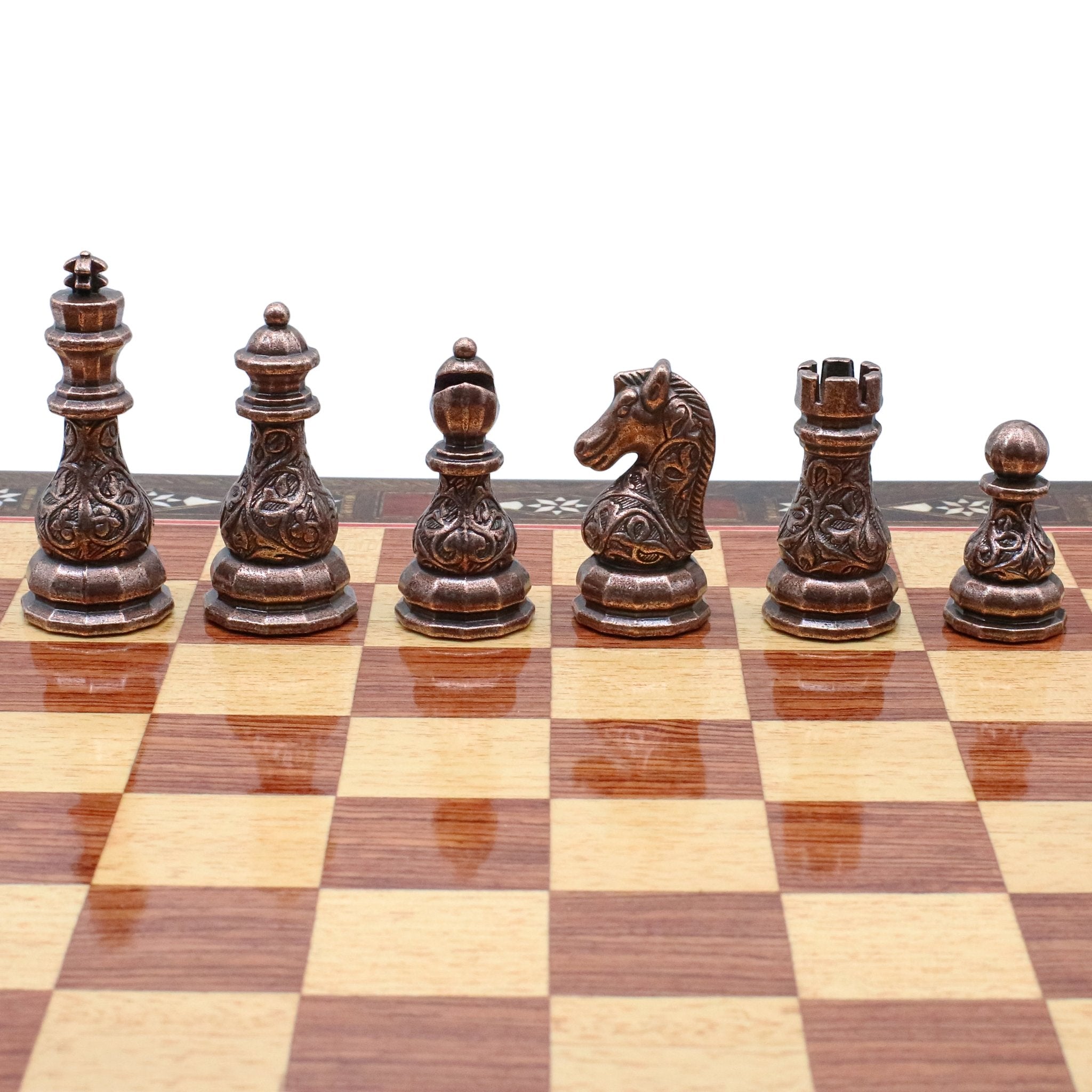 Crystal Baroque Bronze Metal Chess Set With Solid Wood Storage Board w/ In - Built Drawer - Cooper Chess