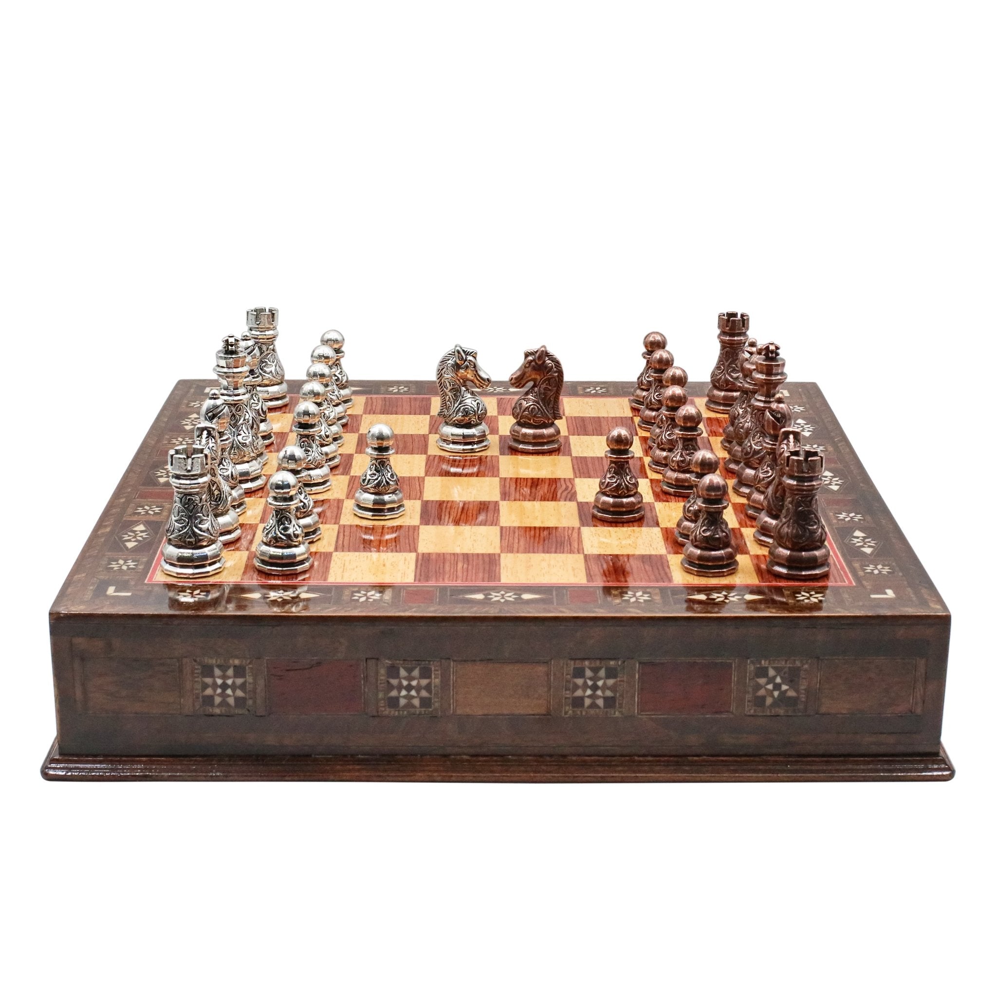 Crystal Baroque Bronze Metal Chess Set With Solid Wood Storage Board w/ In - Built Drawer - Cooper Chess