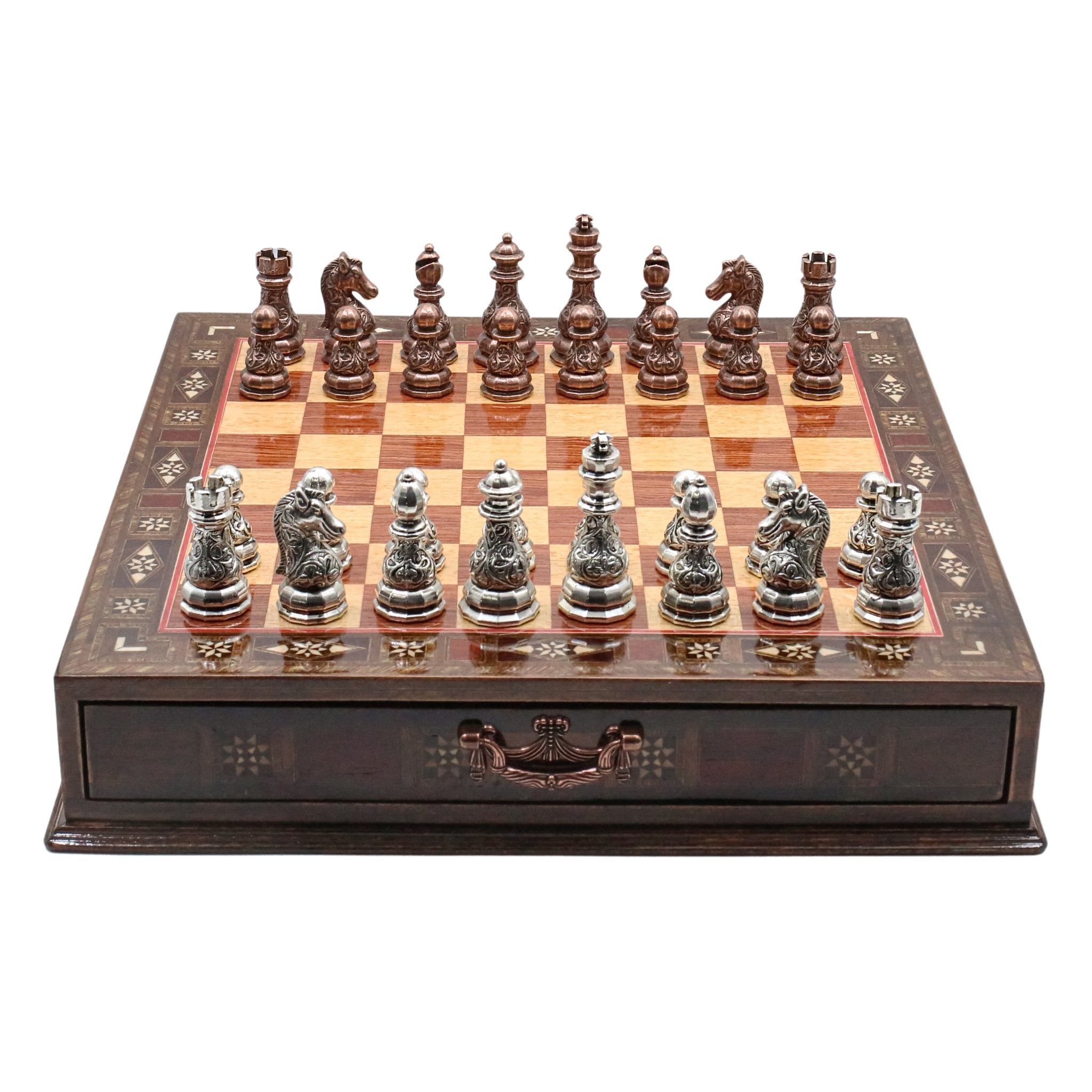 Crystal Baroque Bronze Metal Chess Set With Solid Wood Storage Board w/ In - Built Drawer - Cooper Chess