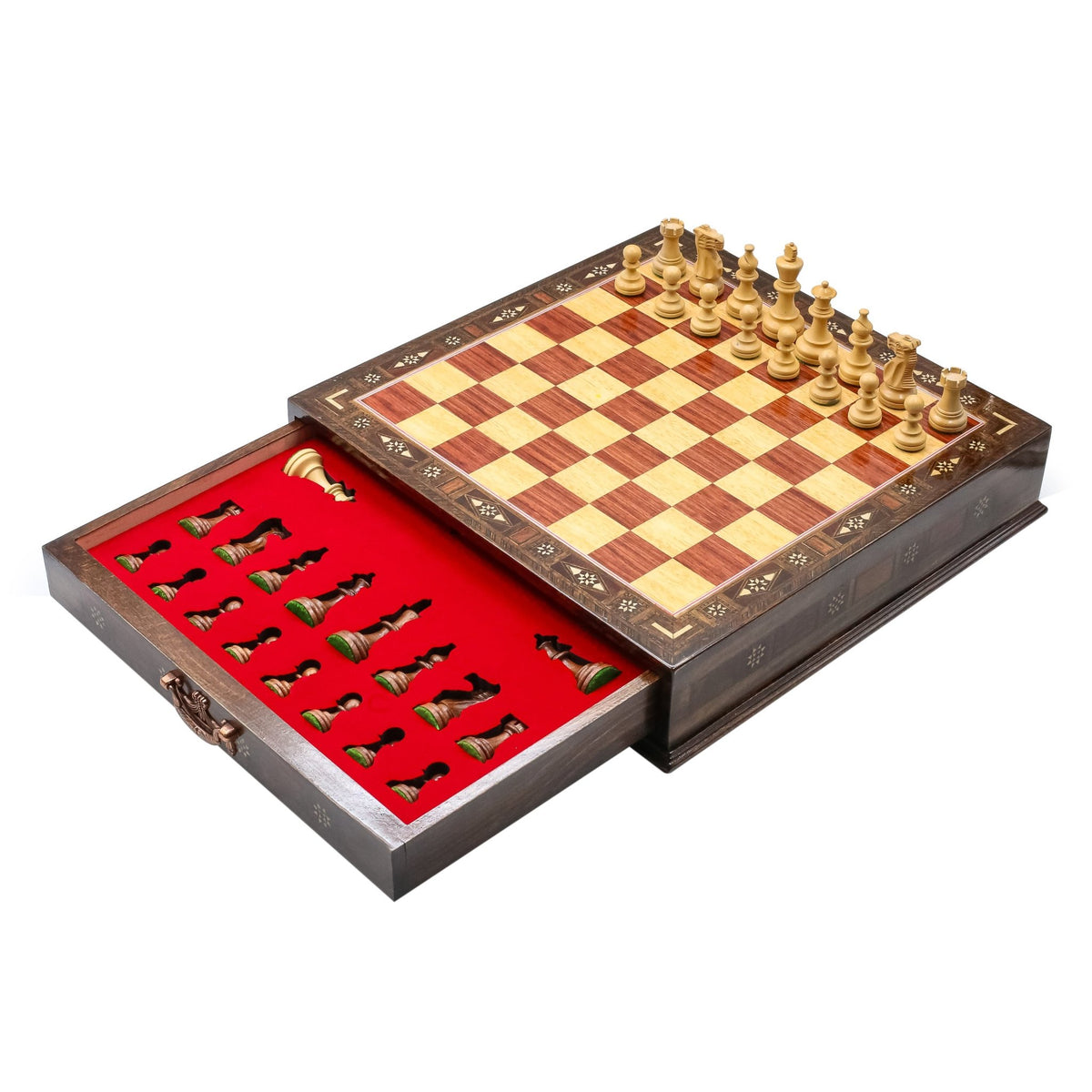 Handmade Inlay Chess Set with Drawer Storage 38 CM (15") - Weighted German Staunton Pieces w/ Extra Queens - Cooper Chess