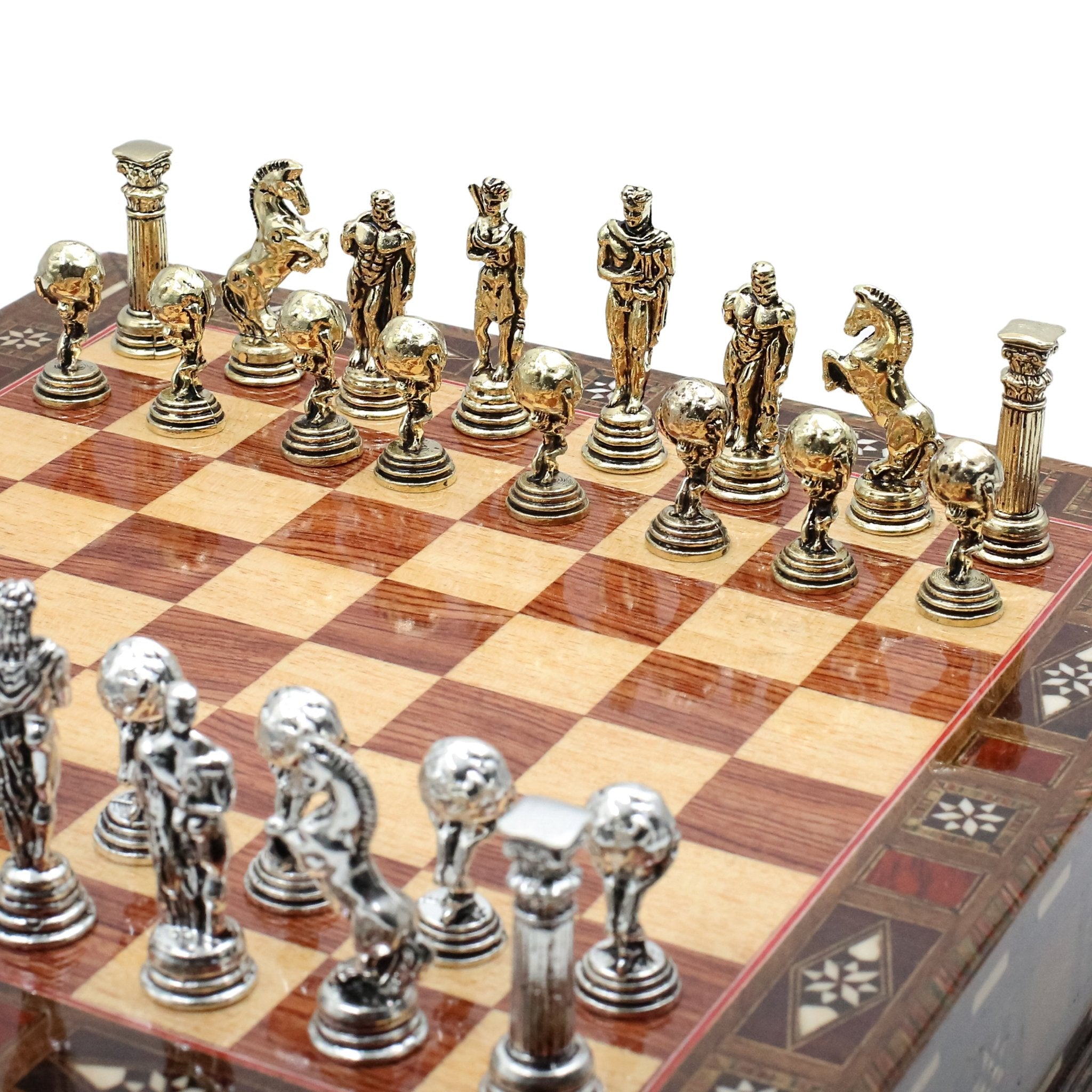 Handmade Inlay Chess Set with Drawer Storage 30 CM (12") - Die Cast Metal Pieces | Greek Mythology Hercules - Cooper Chess