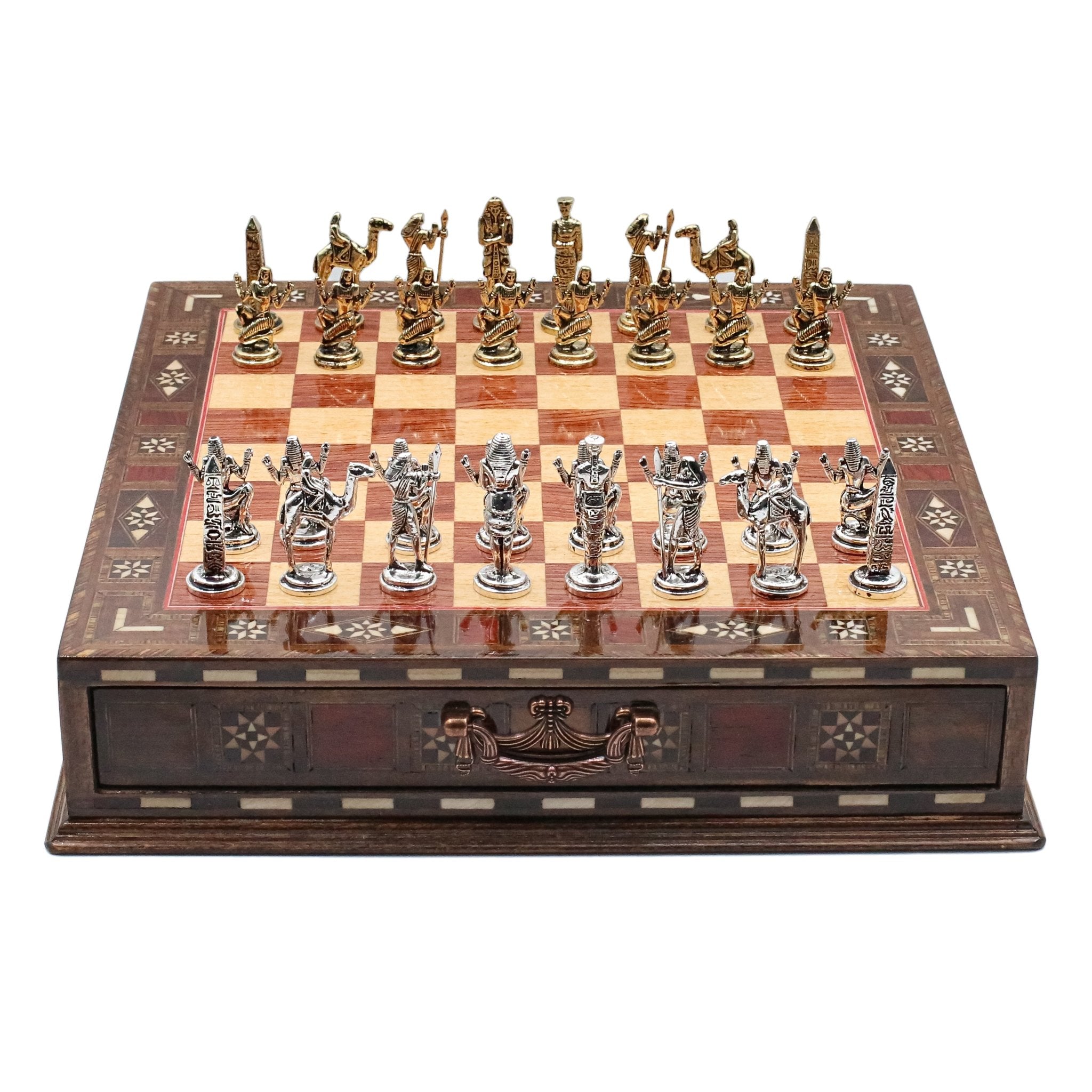 Handmade Inlay Chess Set with Drawer Storage 30 CM (12") - Die Cast Metal Pieces | Egyptian Cleopatra - Cooper Chess