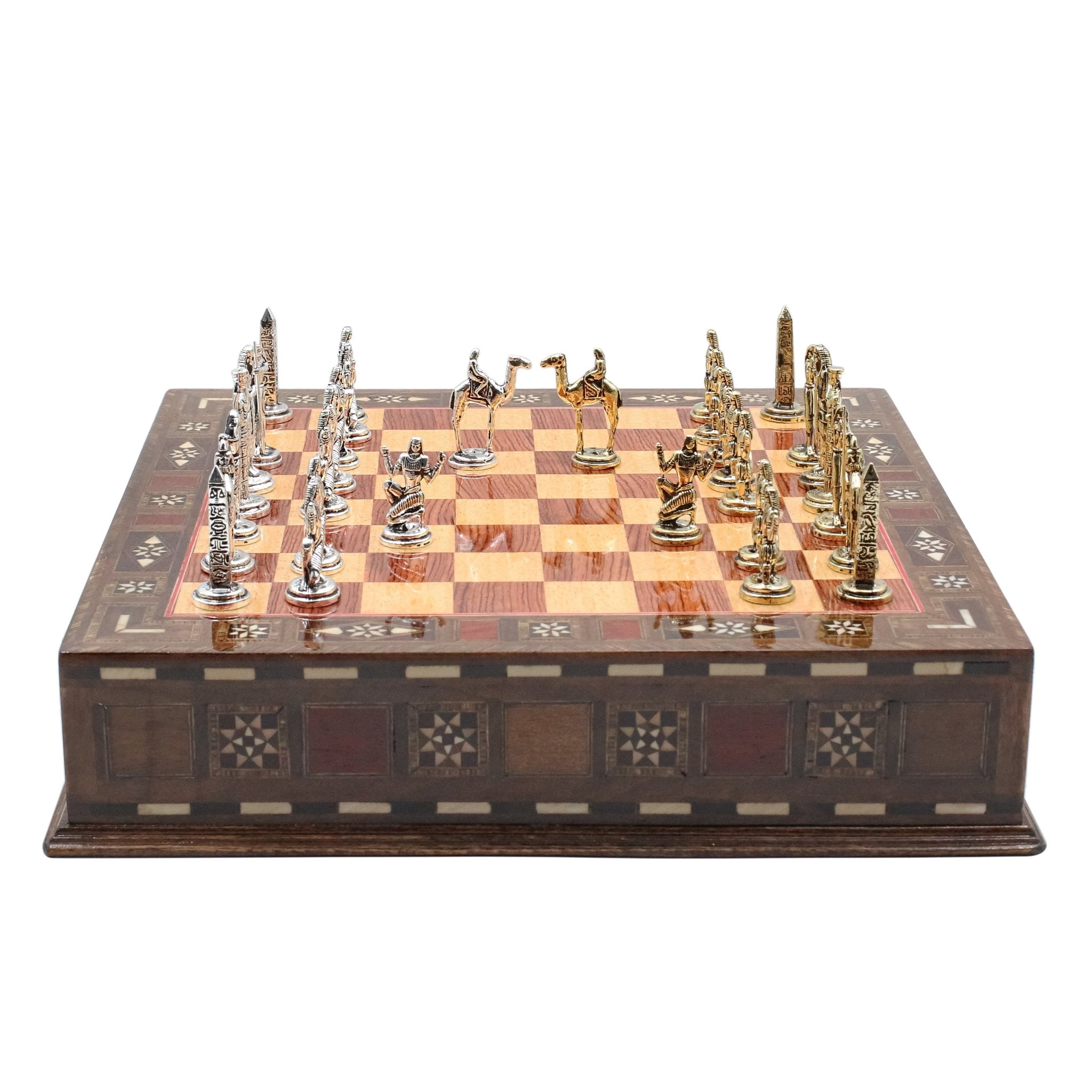 Handmade Inlay Chess Set with Drawer Storage 30 CM (12") - Die Cast Metal Pieces | Egyptian Cleopatra - Cooper Chess