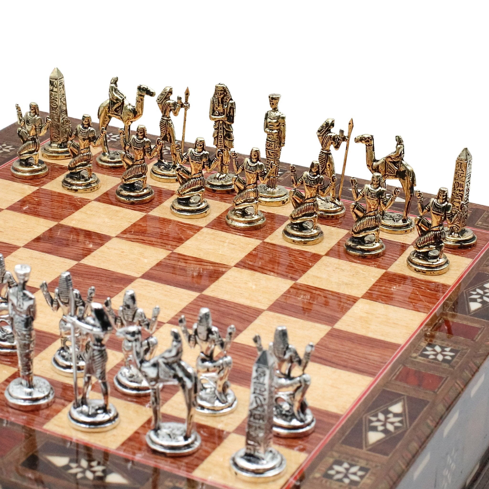 Handmade Inlay Chess Set with Drawer Storage 30 CM (12") - Die Cast Metal Pieces | Egyptian Cleopatra - Cooper Chess