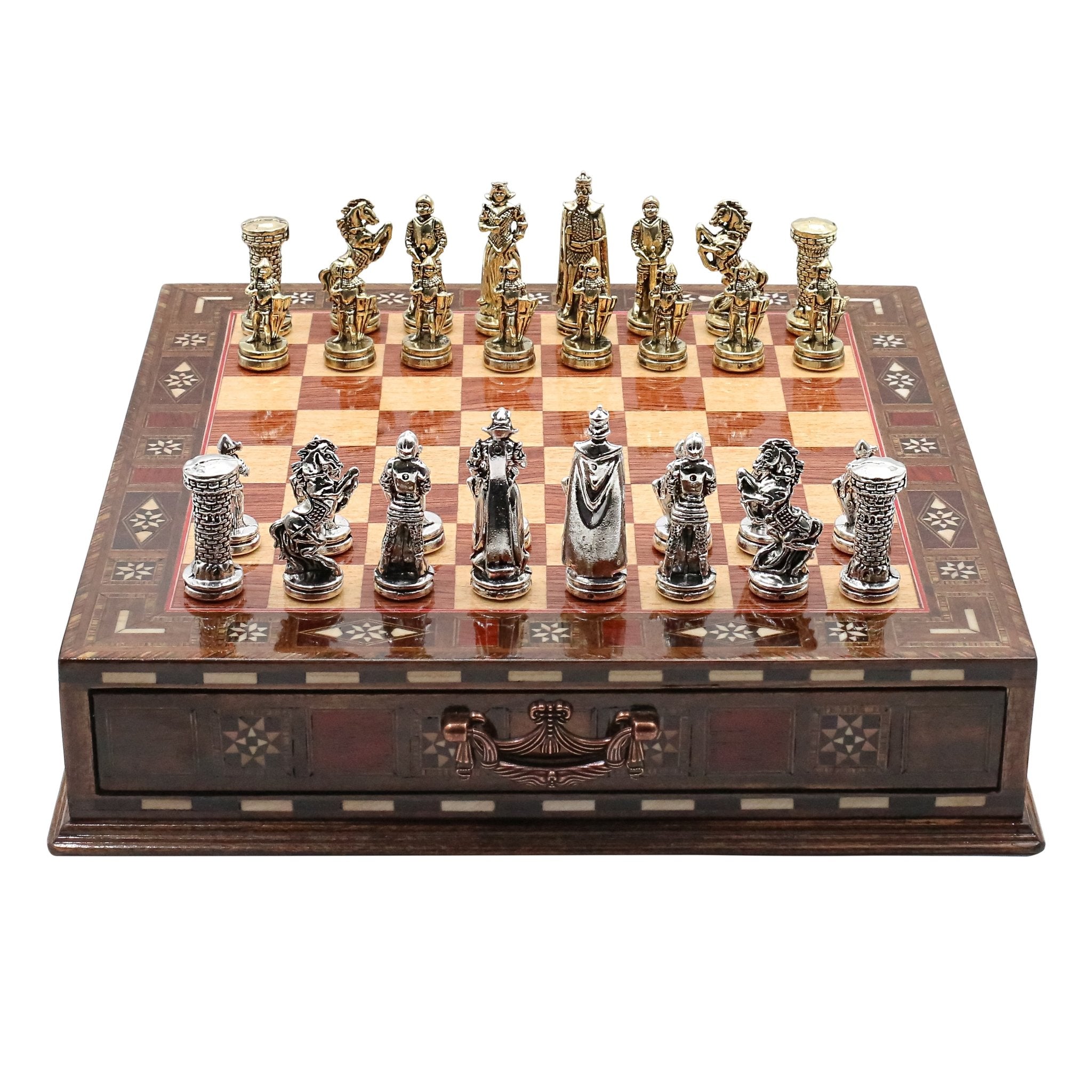 Handmade Inlay Chess Set with Drawer Storage 30 CM (12") - Die Cast Metal Pieces | Medieval British Army - Cooper Chess