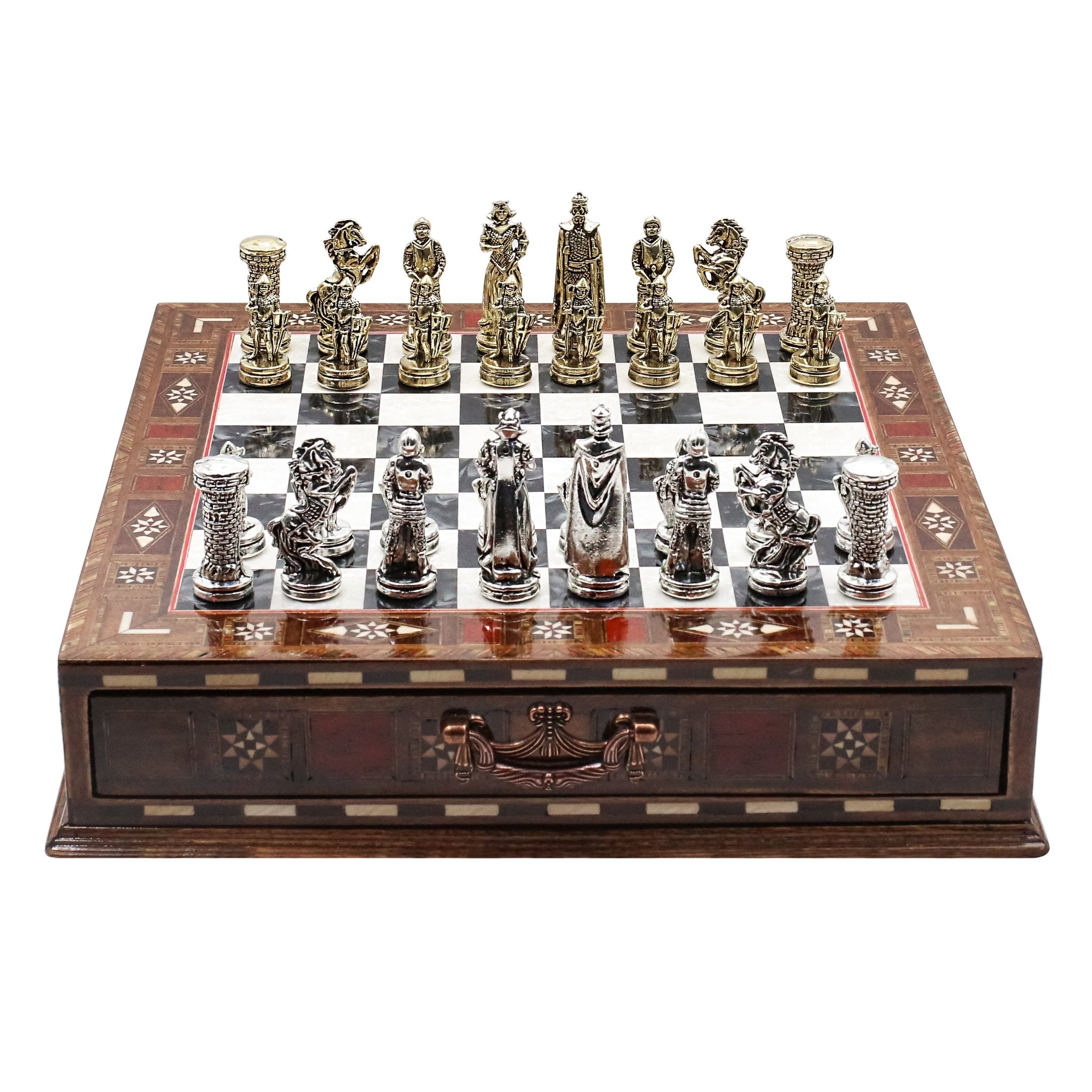 Handmade Inlay Chess Set with Drawer Storage 30 CM (12") - Die Cast Metal Pieces | Medieval British Army - Cooper Chess