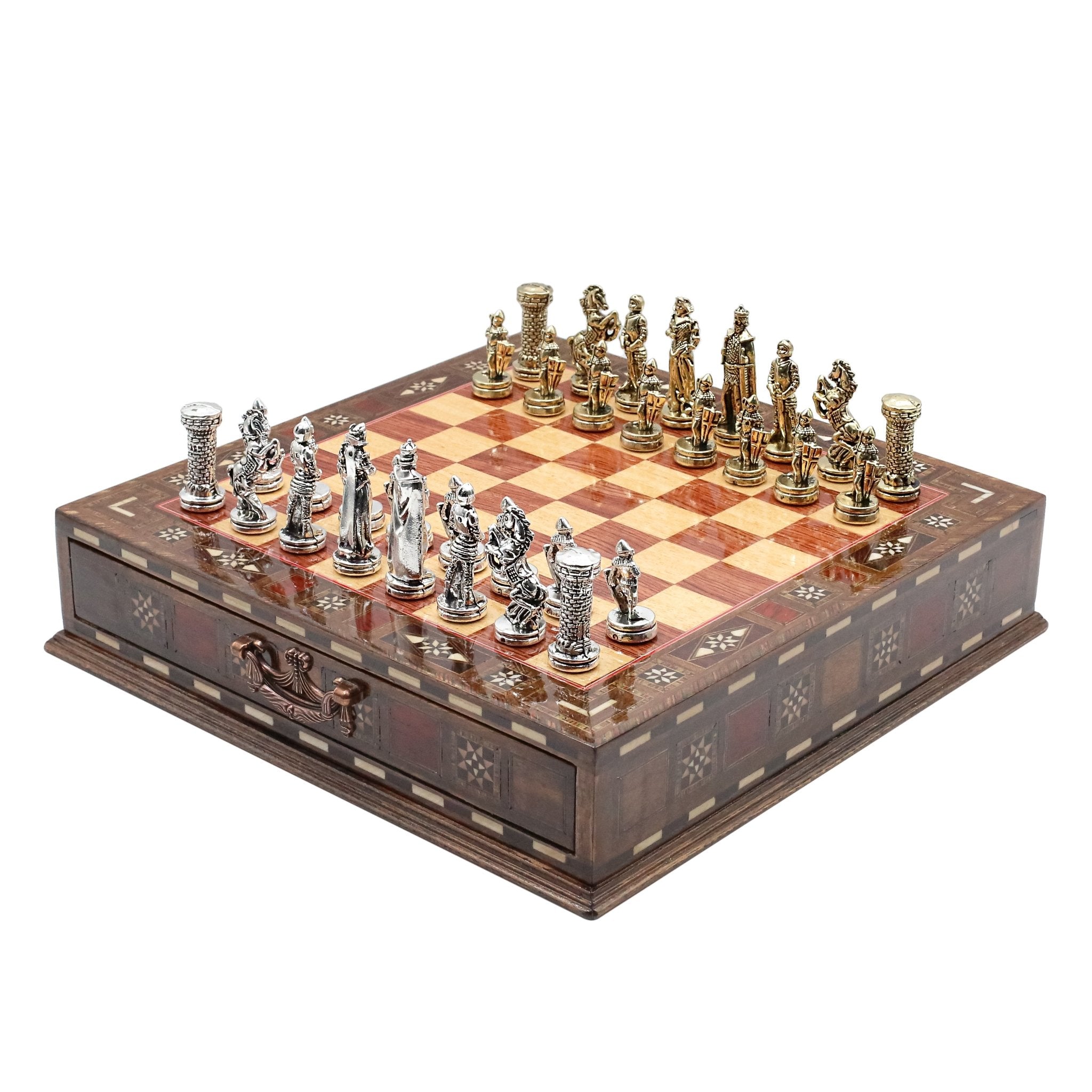 Handmade Inlay Chess Set with Drawer Storage 30 CM (12") - Die Cast Metal Pieces | Medieval British Army - Cooper Chess