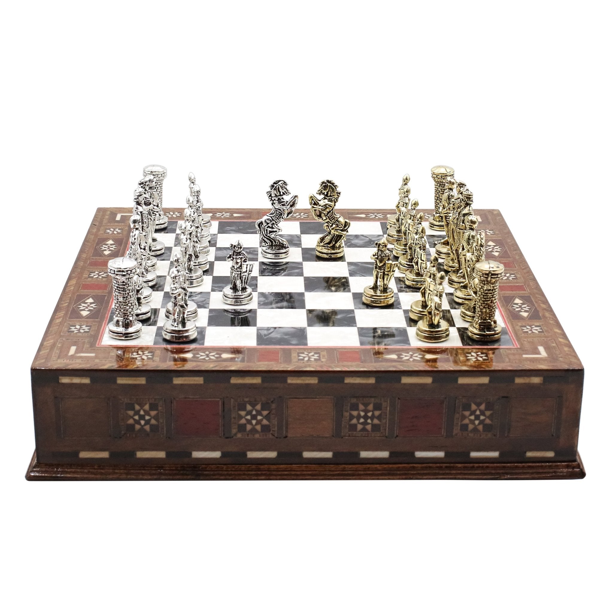 Handmade Inlay Chess Set with Drawer Storage 30 CM (12") - Die Cast Metal Pieces | Medieval British Army - Cooper Chess