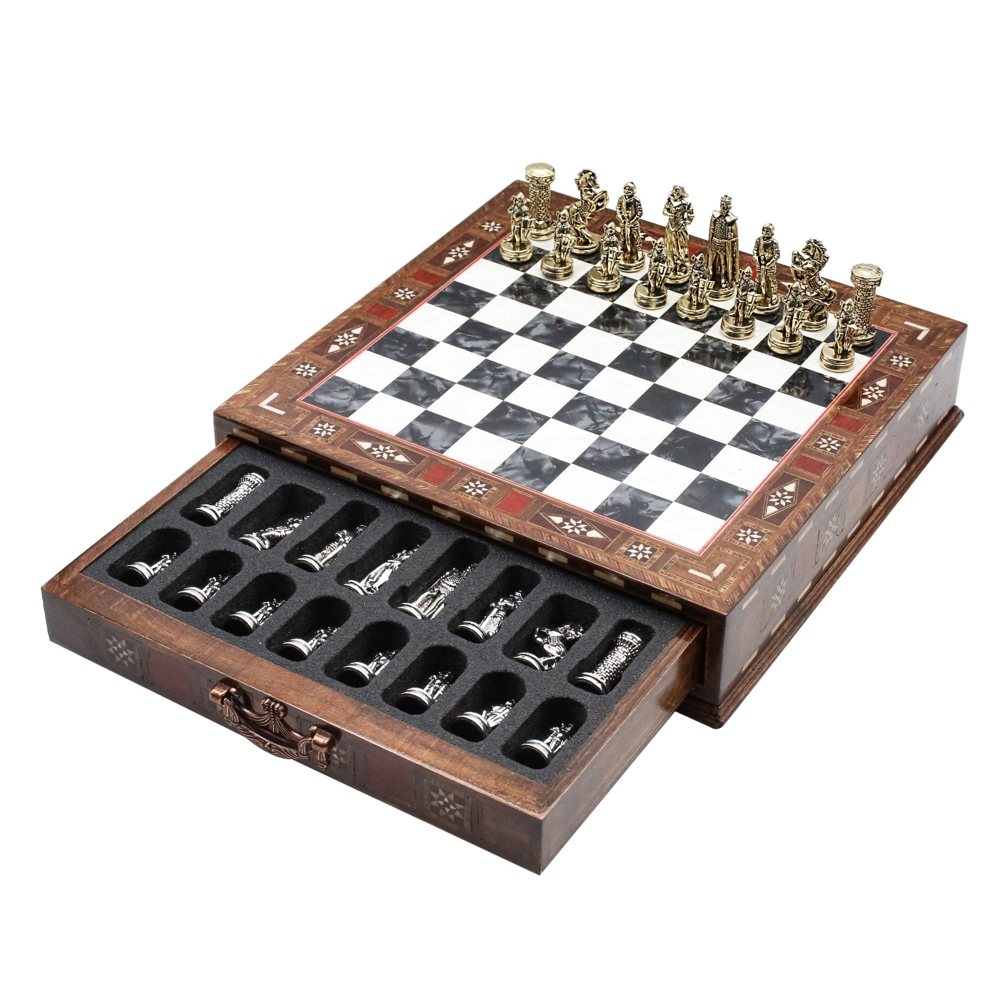 Handmade Inlay Chess Set with Drawer Storage 30 CM (12") - Die Cast Metal Pieces | Medieval British Army - Cooper Chess