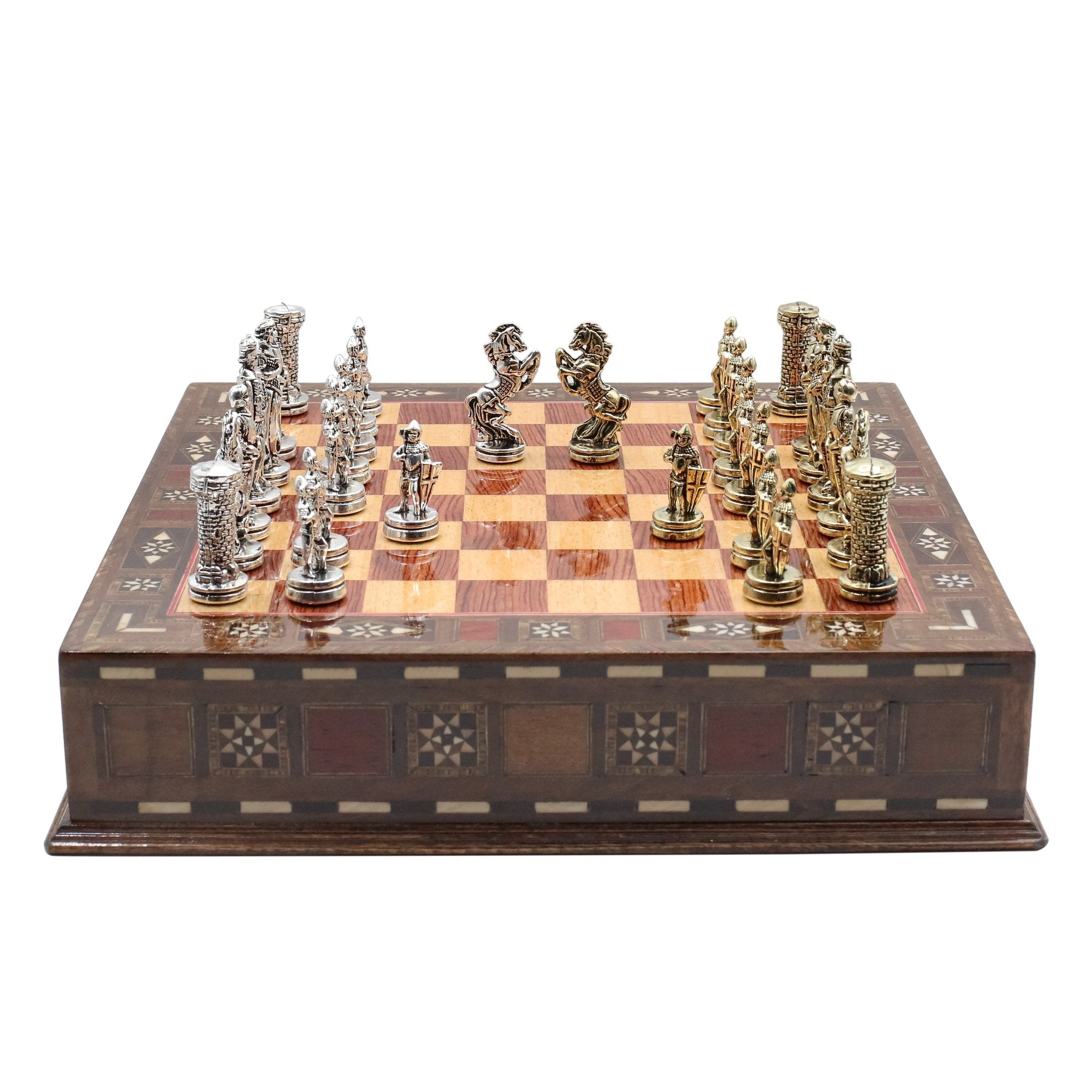 Handmade Inlay Chess Set with Drawer Storage 30 CM (12") - Die Cast Metal Pieces | Medieval British Army - Cooper Chess