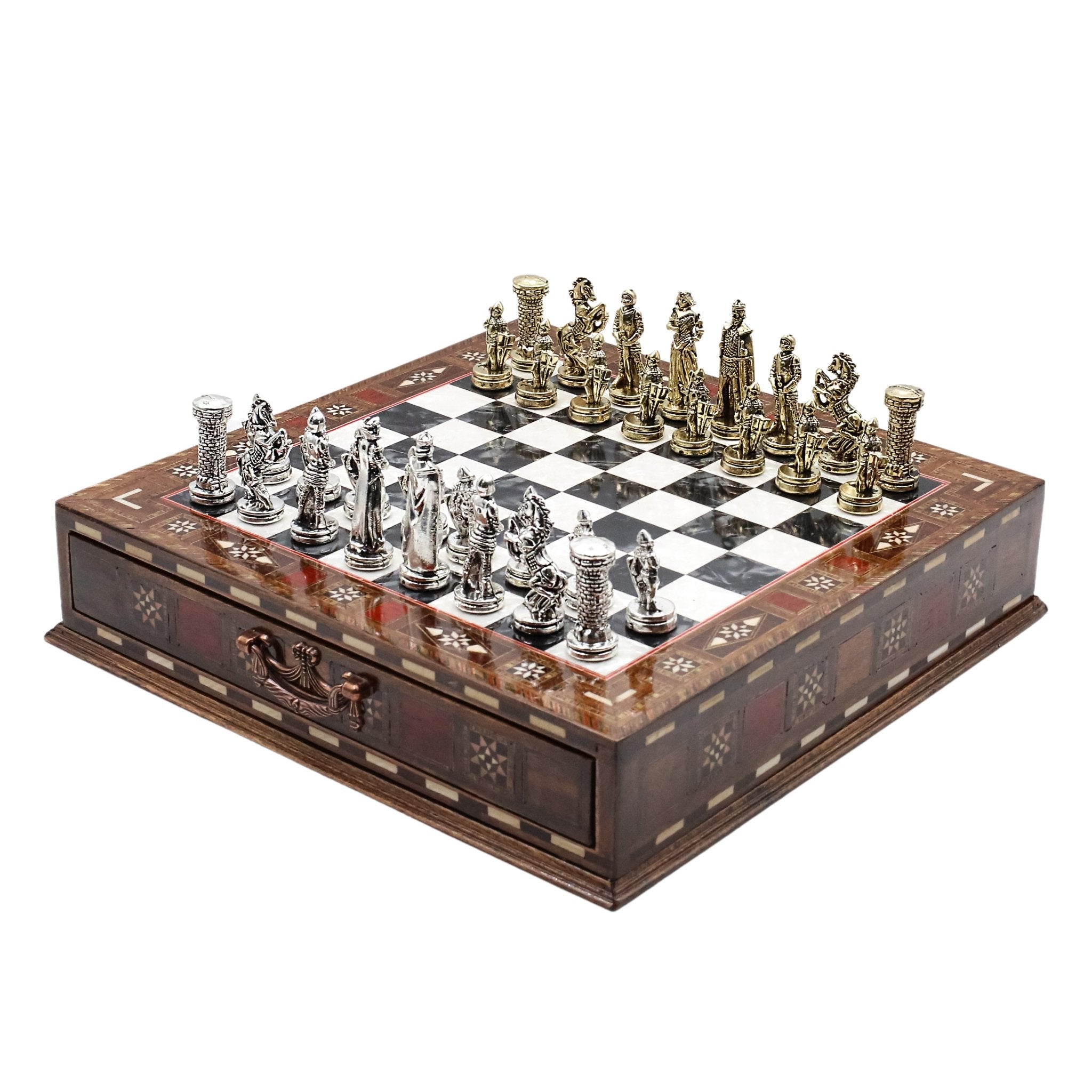 Handmade Inlay Chess Set with Drawer Storage 30 CM (12") - Die Cast Metal Pieces | Medieval British Army - Cooper Chess