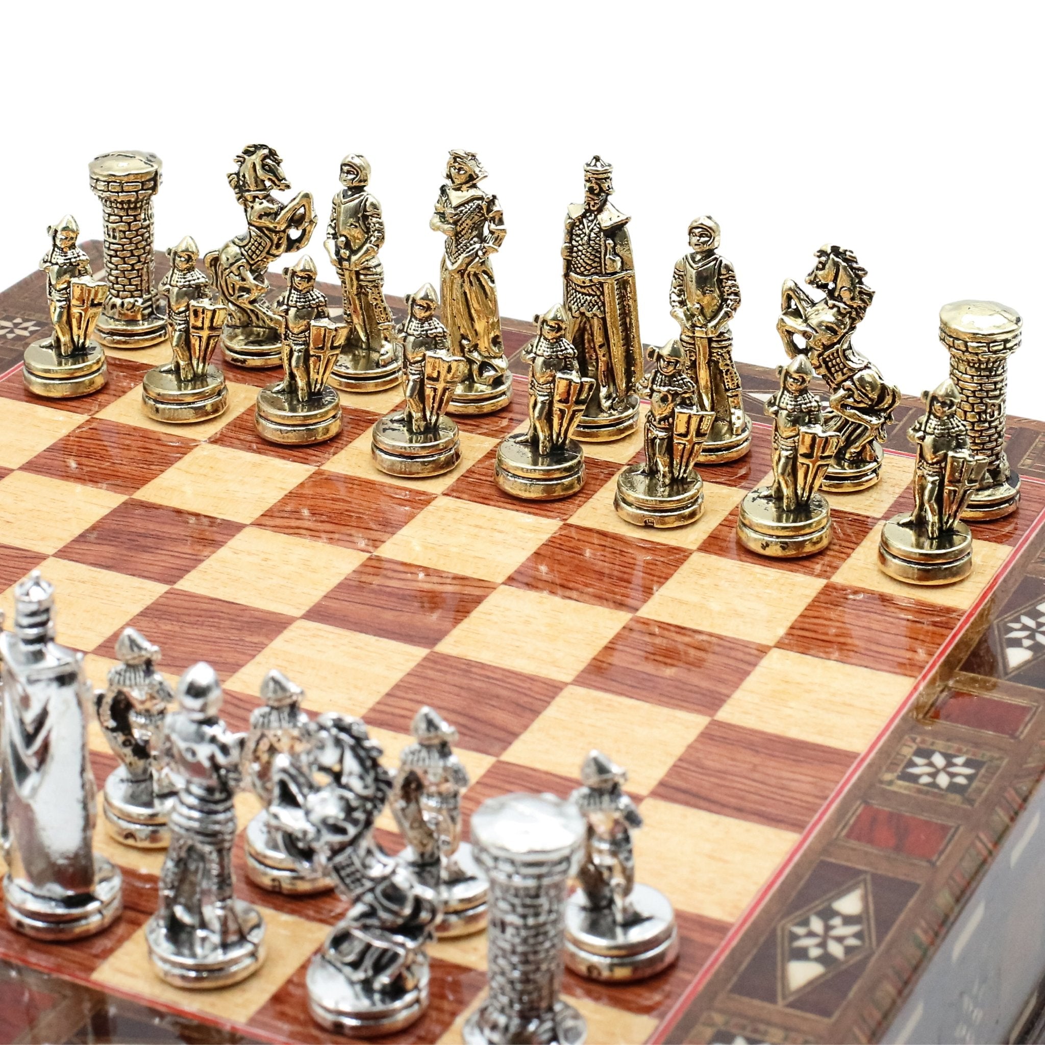 Handmade Inlay Chess Set with Drawer Storage 30 CM (12") - Die Cast Metal Pieces | Medieval British Army - Cooper Chess