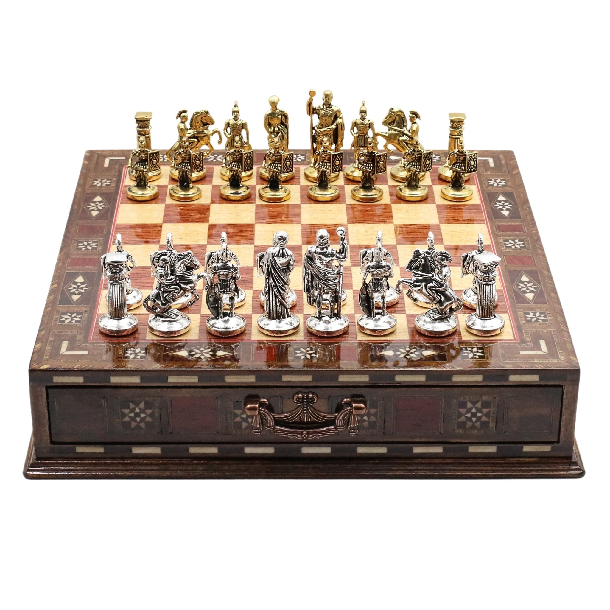Handmade Inlay Chess Set with Drawer Storage 30 CM (12") - Die Cast Metal Pieces | Roman Empire - Cooper Chess