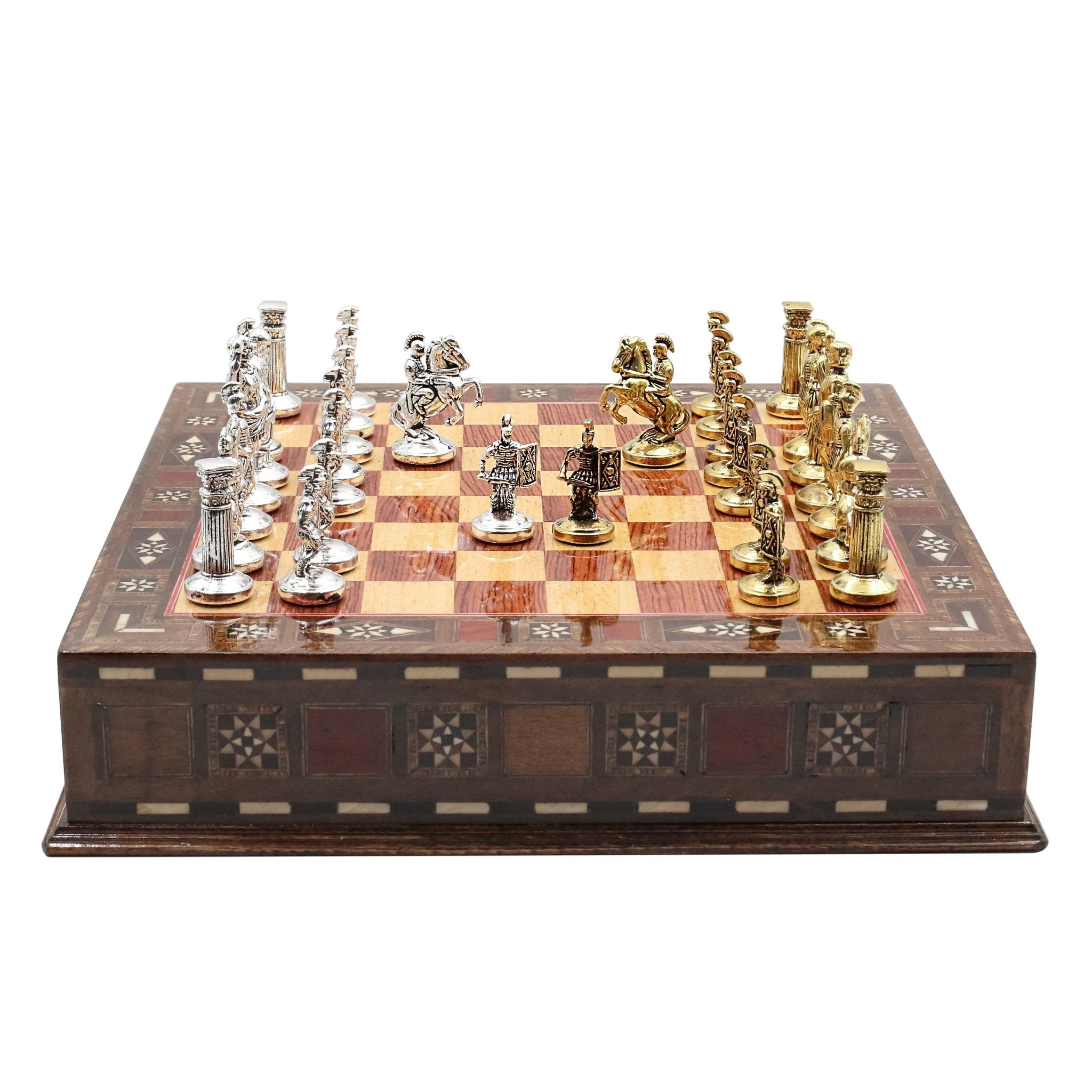 Handmade Inlay Chess Set with Drawer Storage 30 CM (12") - Die Cast Metal Pieces | Roman Empire - Cooper Chess