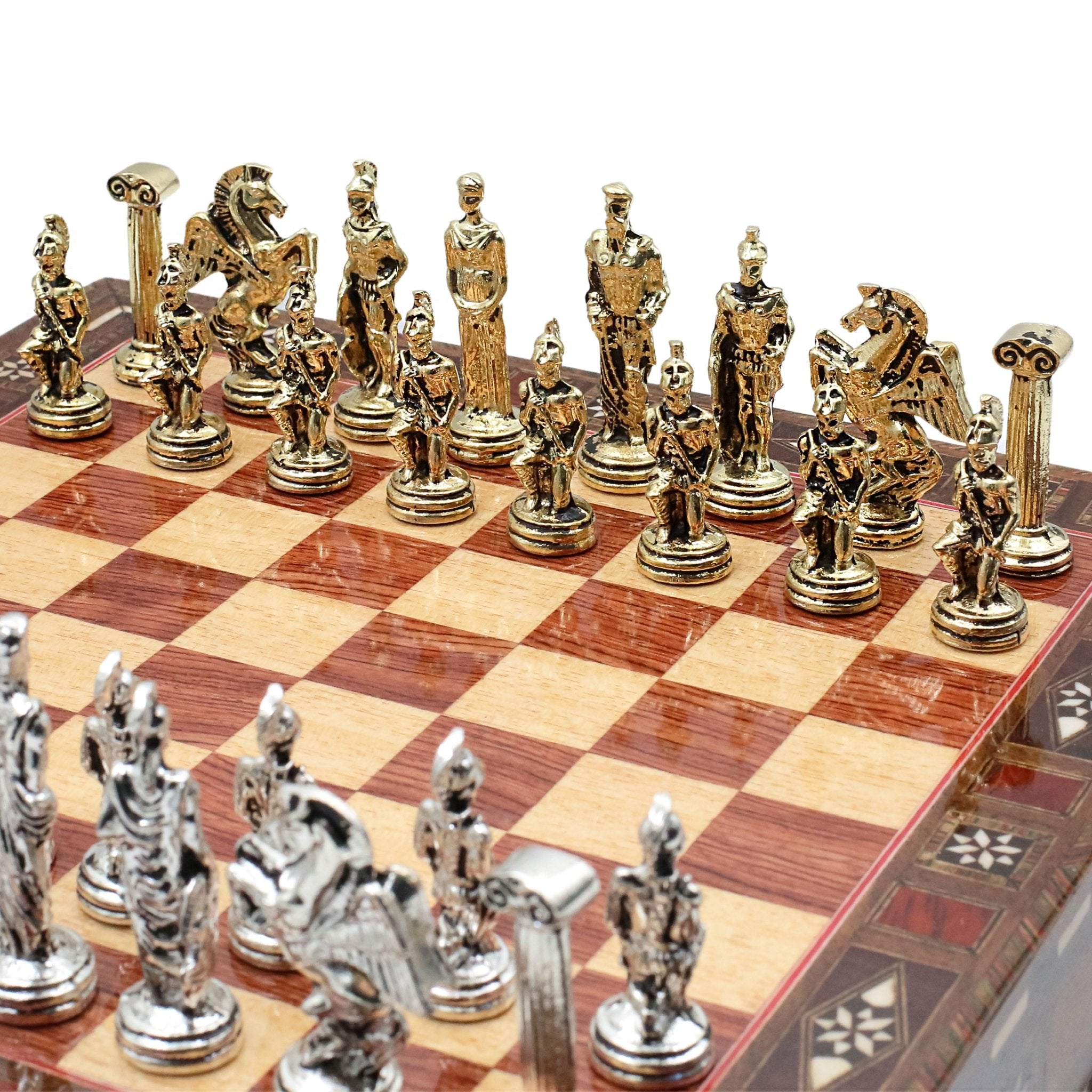 Handmade Inlay Chess Set with Drawer Storage 30 CM (12") - Die Cast Metal Pieces | Greek Mythology Pegasus - Cooper Chess