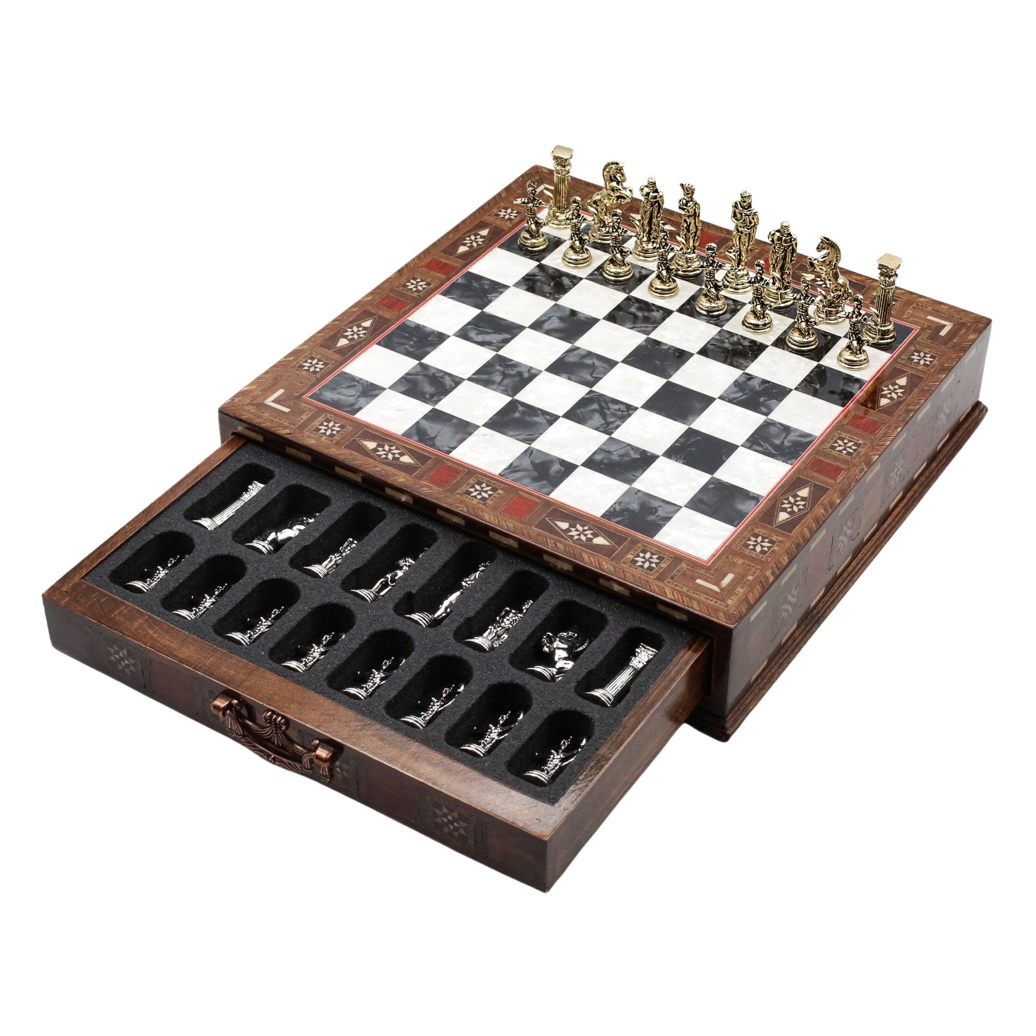 Handmade Inlay Chess Set with Drawer Storage 30 CM (12") - Die Cast Metal Pieces | Greek Mythology Archer - Cooper Chess
