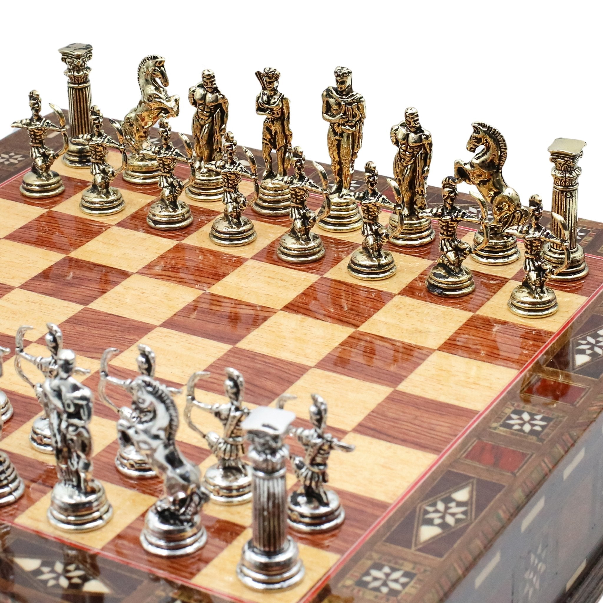 Handmade Inlay Chess Set with Drawer Storage 30 CM (12") - Die Cast Metal Pieces | Greek Mythology Archer - Cooper Chess