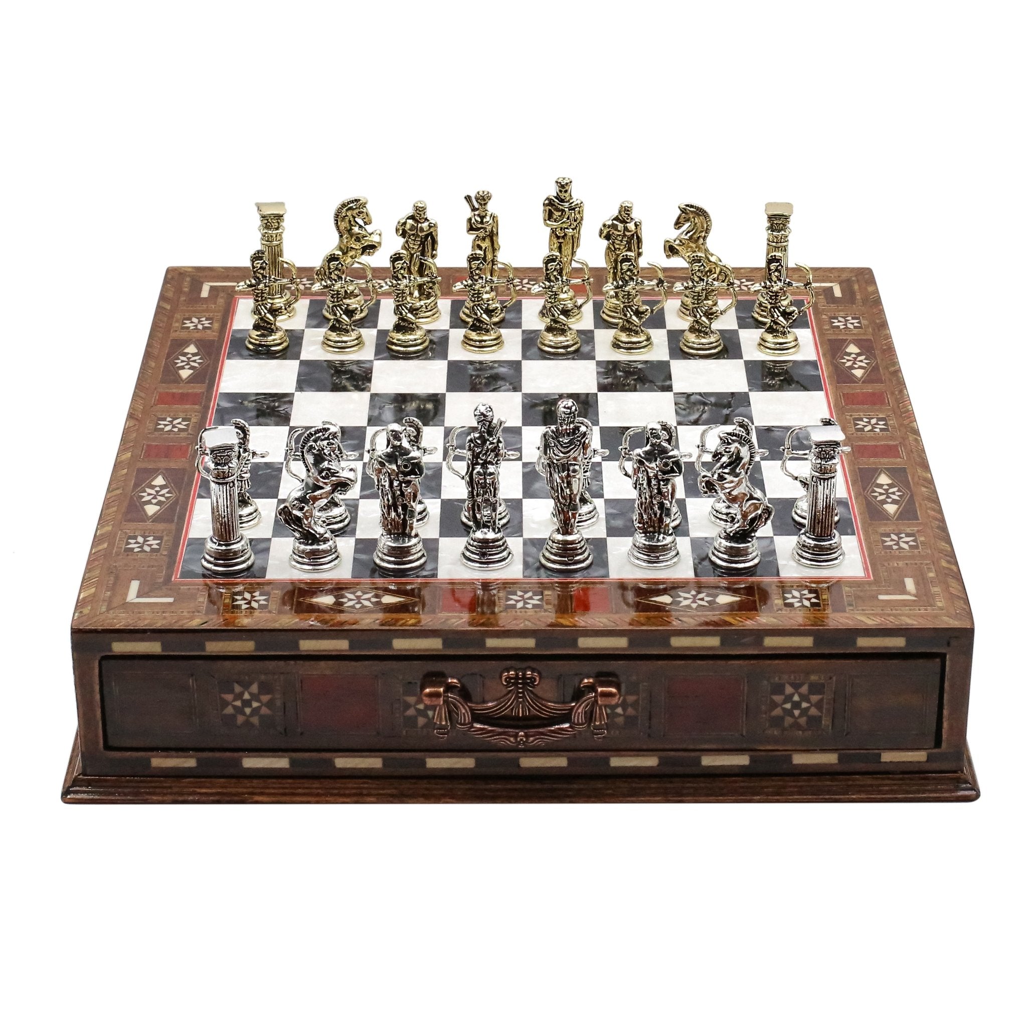 Handmade Inlay Chess Set with Drawer Storage 30 CM (12") - Die Cast Metal Pieces | Greek Mythology Archer - Cooper Chess