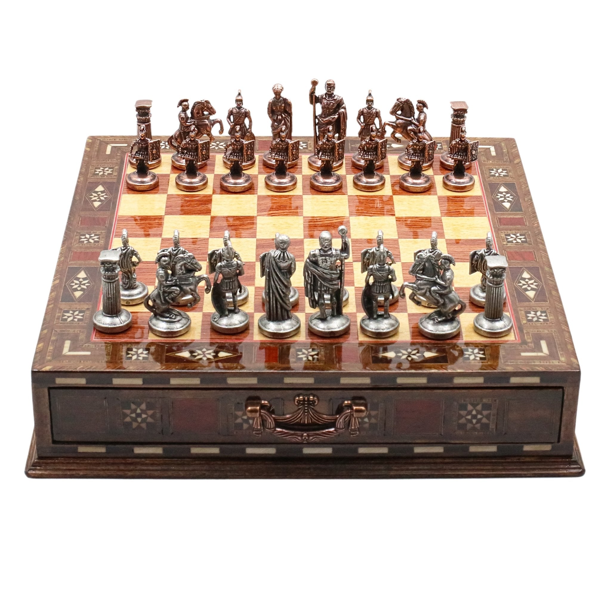 Handmade Inlay Chess Set with Drawer Storage 30 CM (12") - Die Cast Metal Pieces | Vintage Roman Empire - Cooper Chess